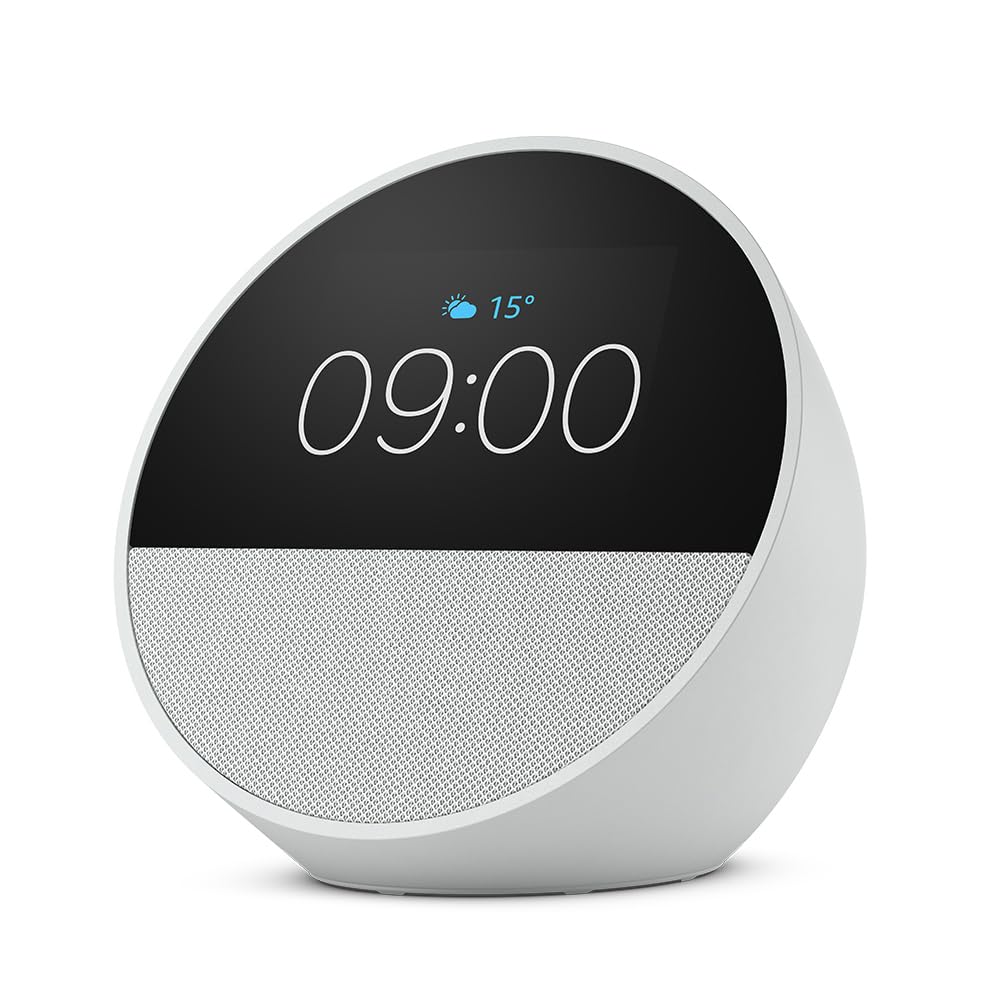Amazon Echo Spot (nouvelle génération), réveil connecté avec Alexa (blanc) — cadeau drôle et insolite