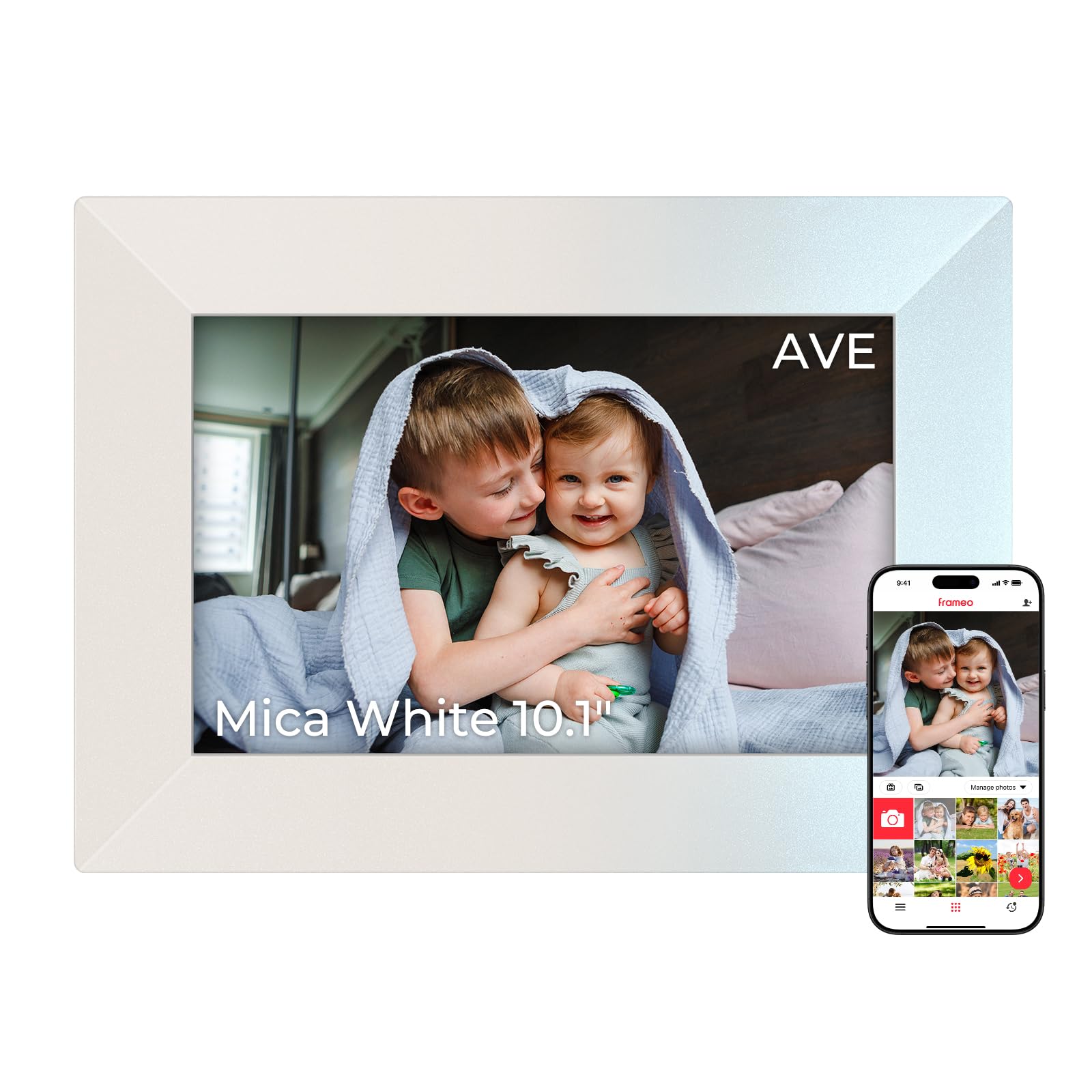 Apveelveer cadre photo numérique Frameo WiFi 10,1" tactile, blanc Mica — cadeau drôle et insolite