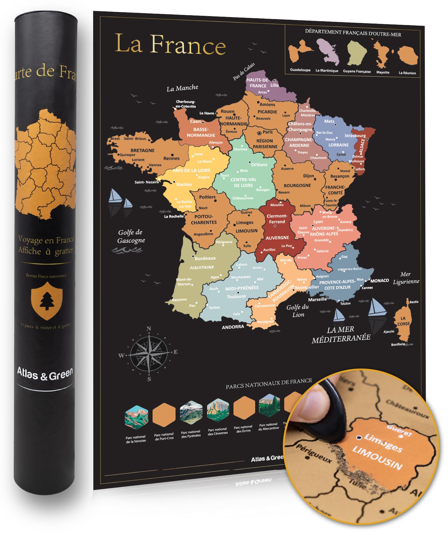 Atlas & Green, carte de France à gratter avec tous les départements — idée cadeau