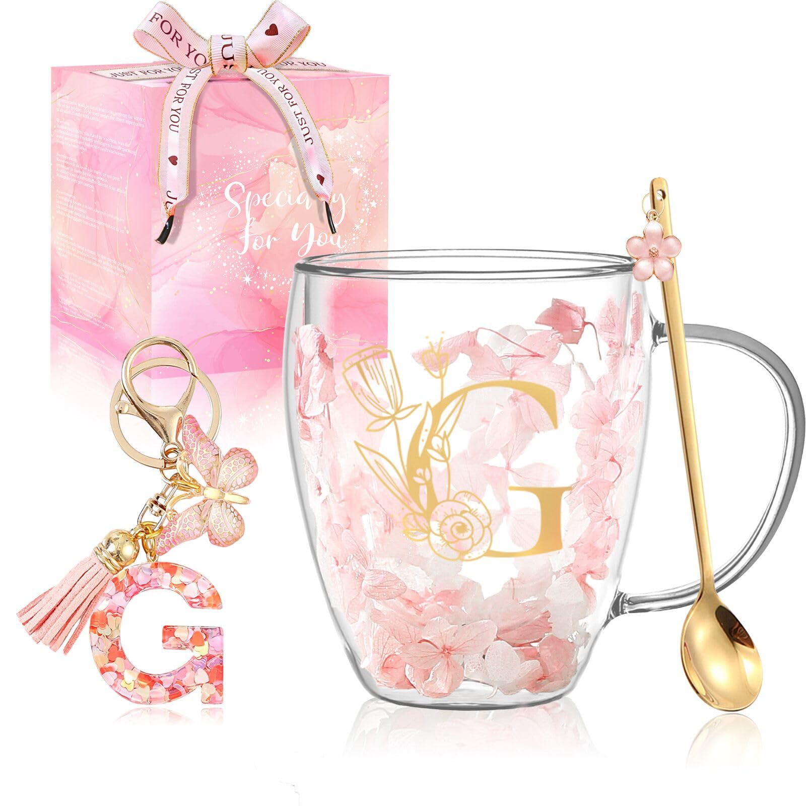 BigNoseDeer – Tasse en verre double paroi à fleurs séchées, initiale personnalisable — idée cadeau original