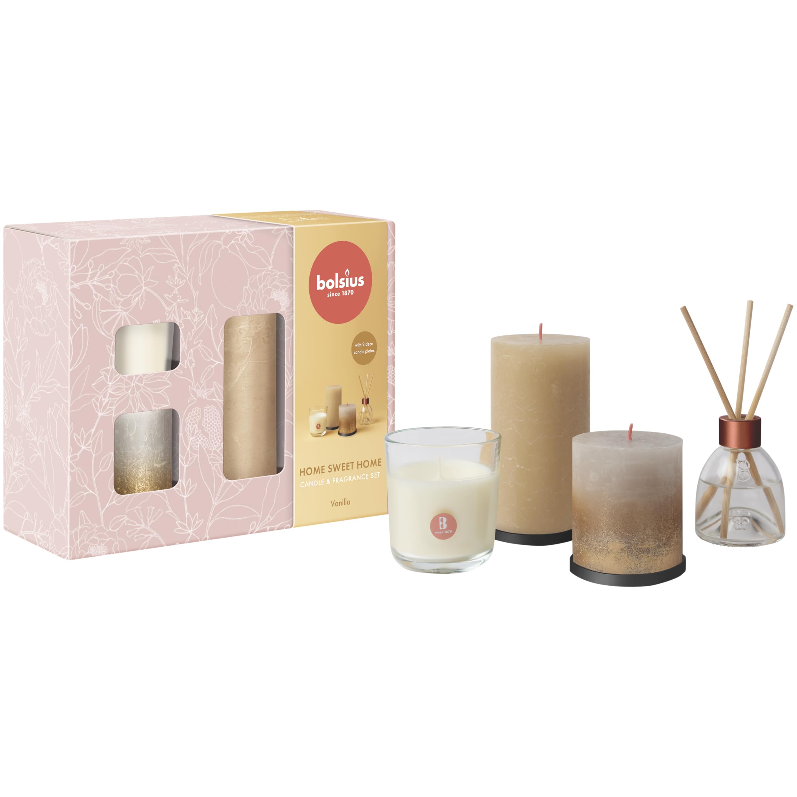 Bolsius, coffret 4 bougies rustiques et diffuseur vanille — idée cadeau