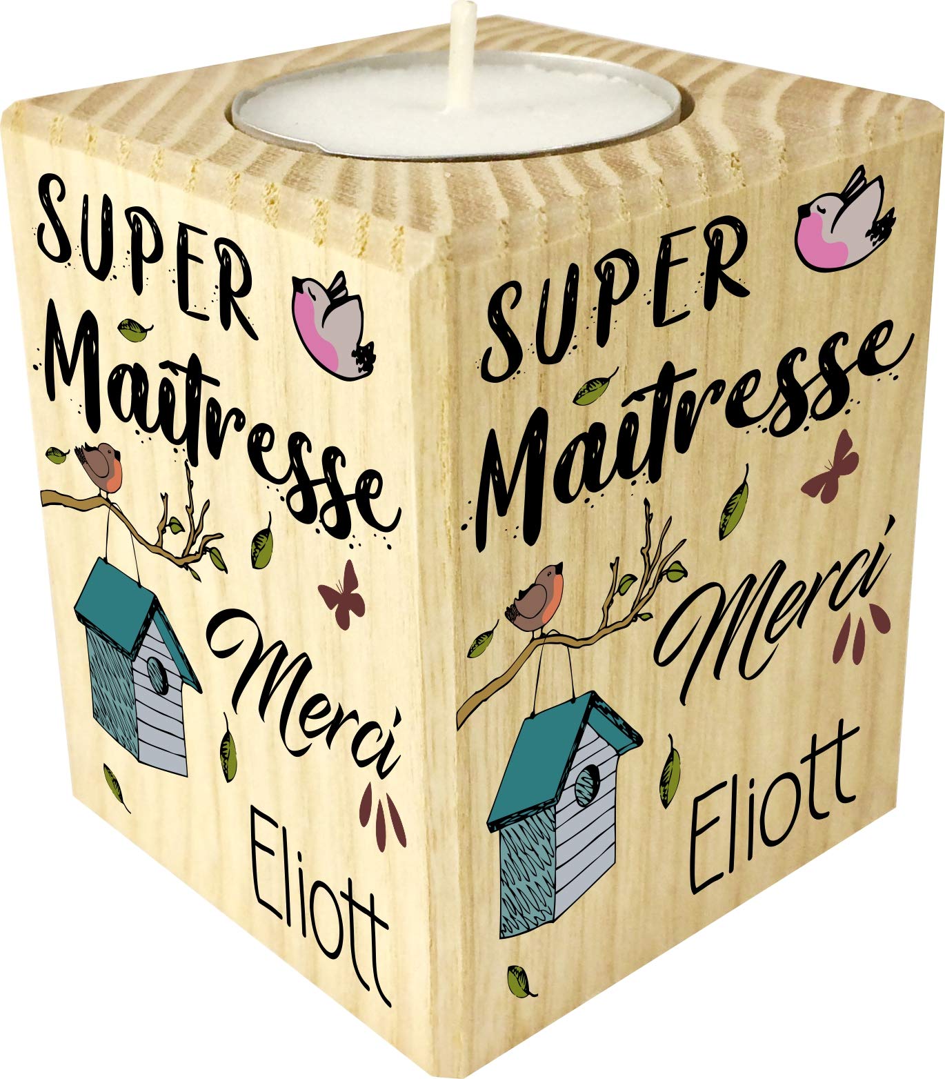 Bougie personnalisée « Super Maîtresse », porte-bougie en bois — idée cadeau