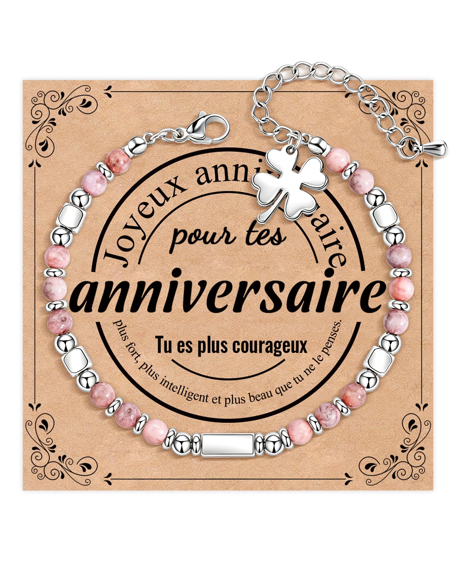 Bracelet pierres roses et trèfle CheersLife — idée cadeau