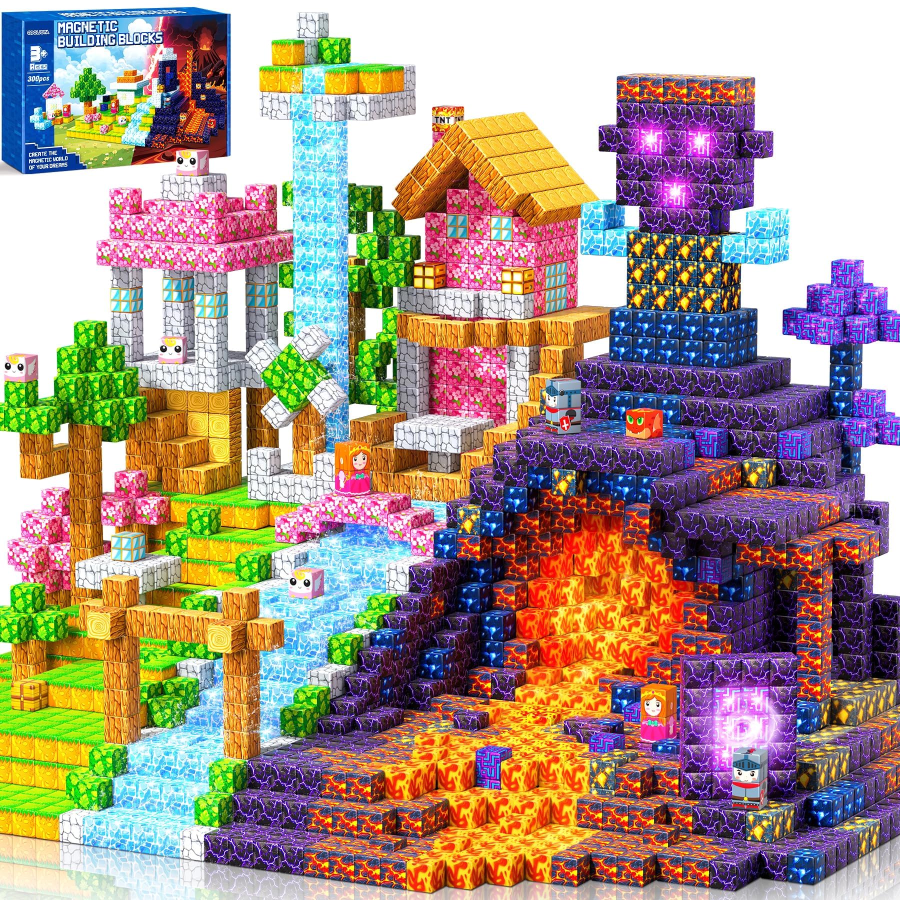 COOLJOYA, 300 cubes magnétiques à construire, thèmes magma et prairie — idée cadeau
