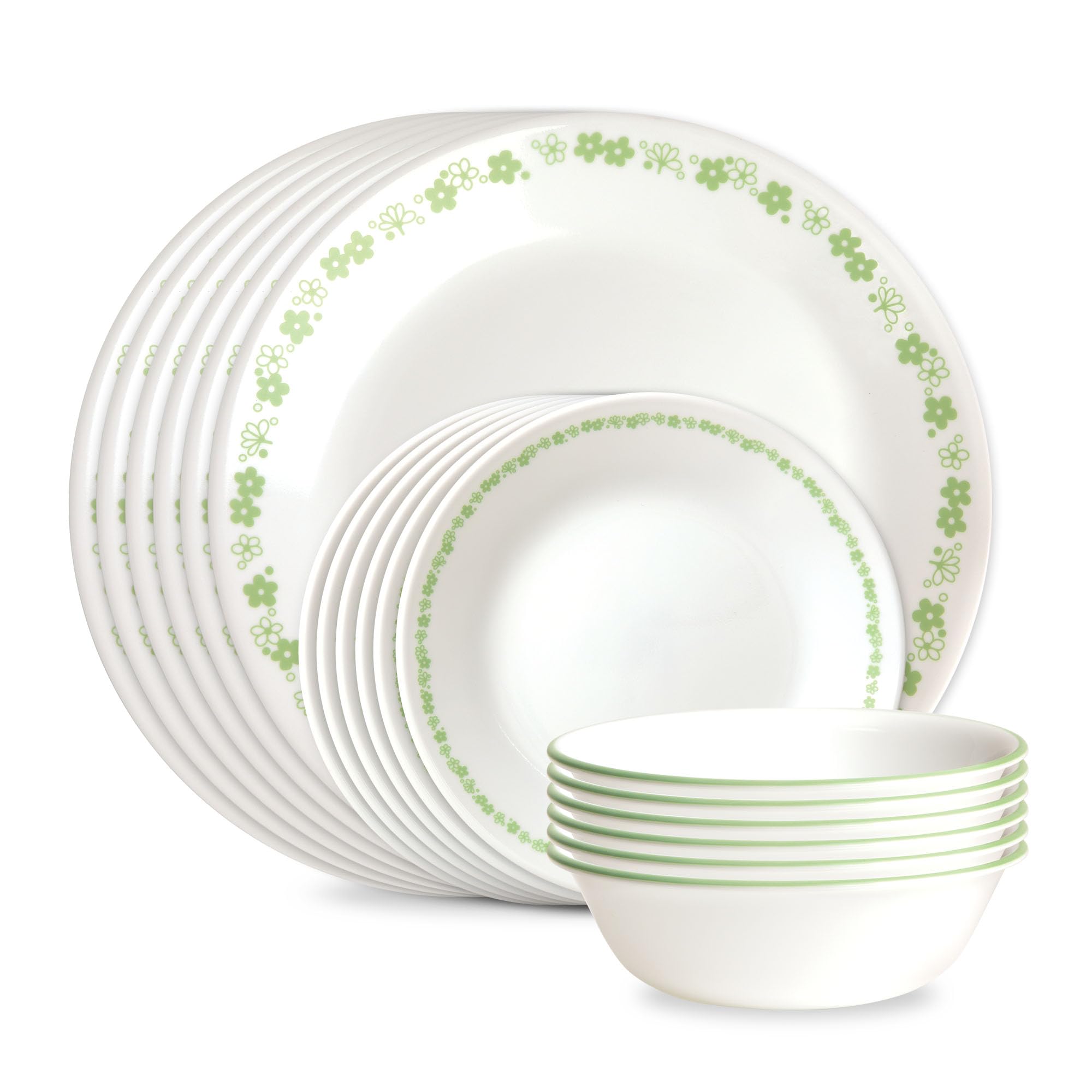 Corelle Vitrelle 18-Piece Glass Dinnerware Set, Service for 6 (Spring Blossom Green) — funny gift