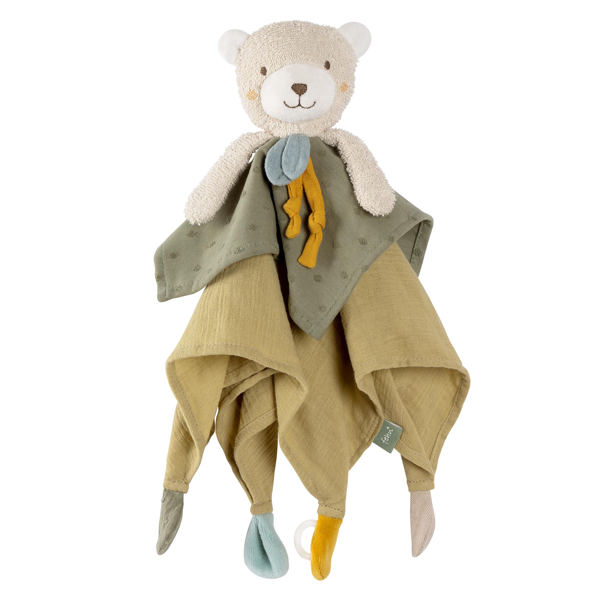 Fehn, doudou ours vert en mousseline avec anneau tétine