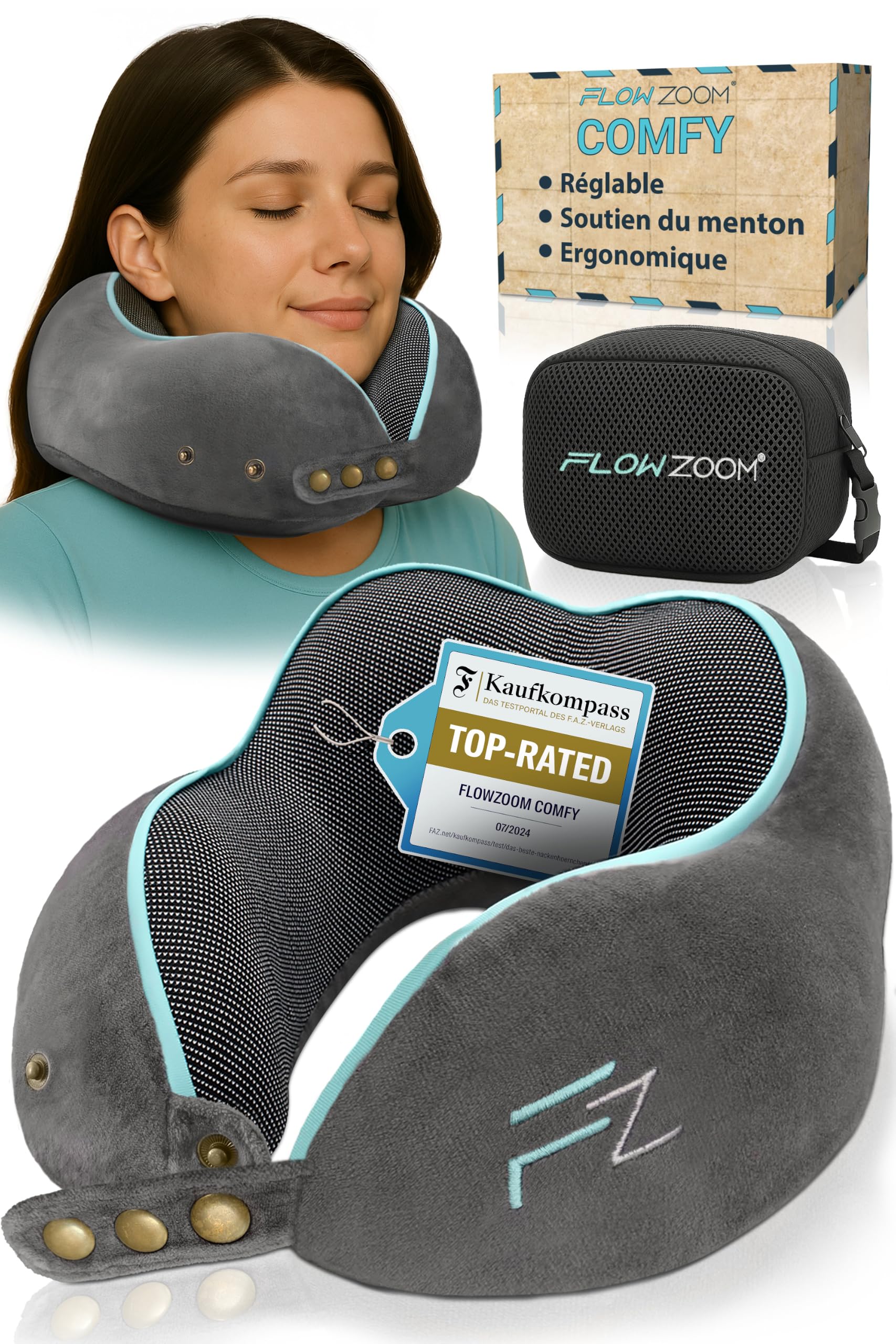 FLOWZOOM Comfy, coussin de voyage en mousse à mémoire de forme — idée cadeau