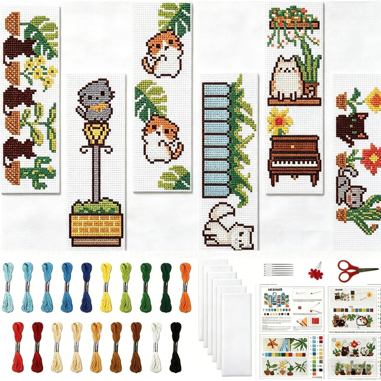 Freebloss kit de point de croix, 6 marque-pages bonsaï et chat