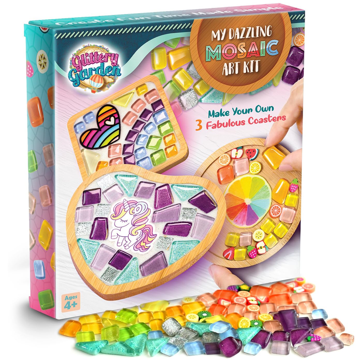 Glittery Garden, kit mosaïque pour décorer 3 sous-verres — idée cadeau
