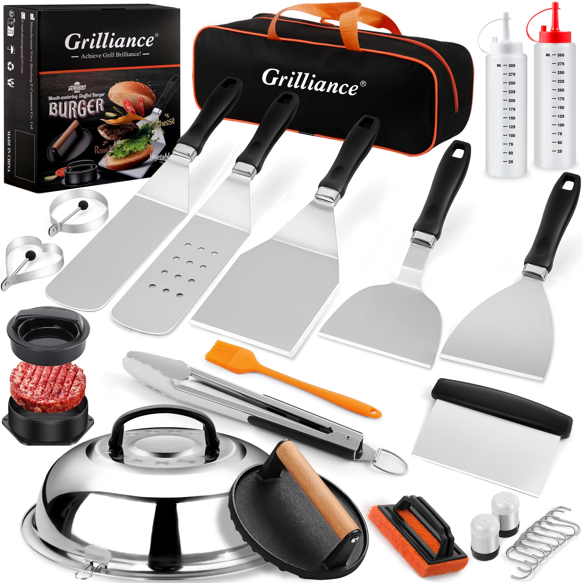 Kit plancha Grilliance 27 pièces avec presse à burger — idée cadeau