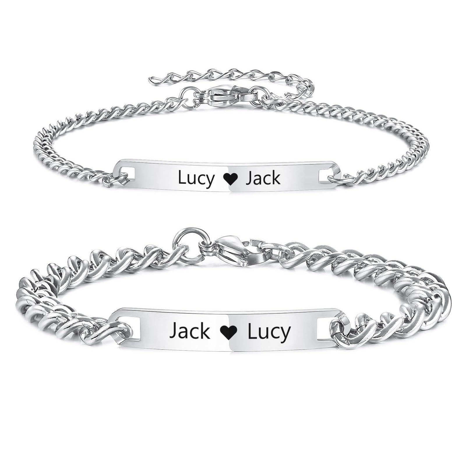 INBLUE, bracelets de couple en acier gravés à vos noms — idée cadeau