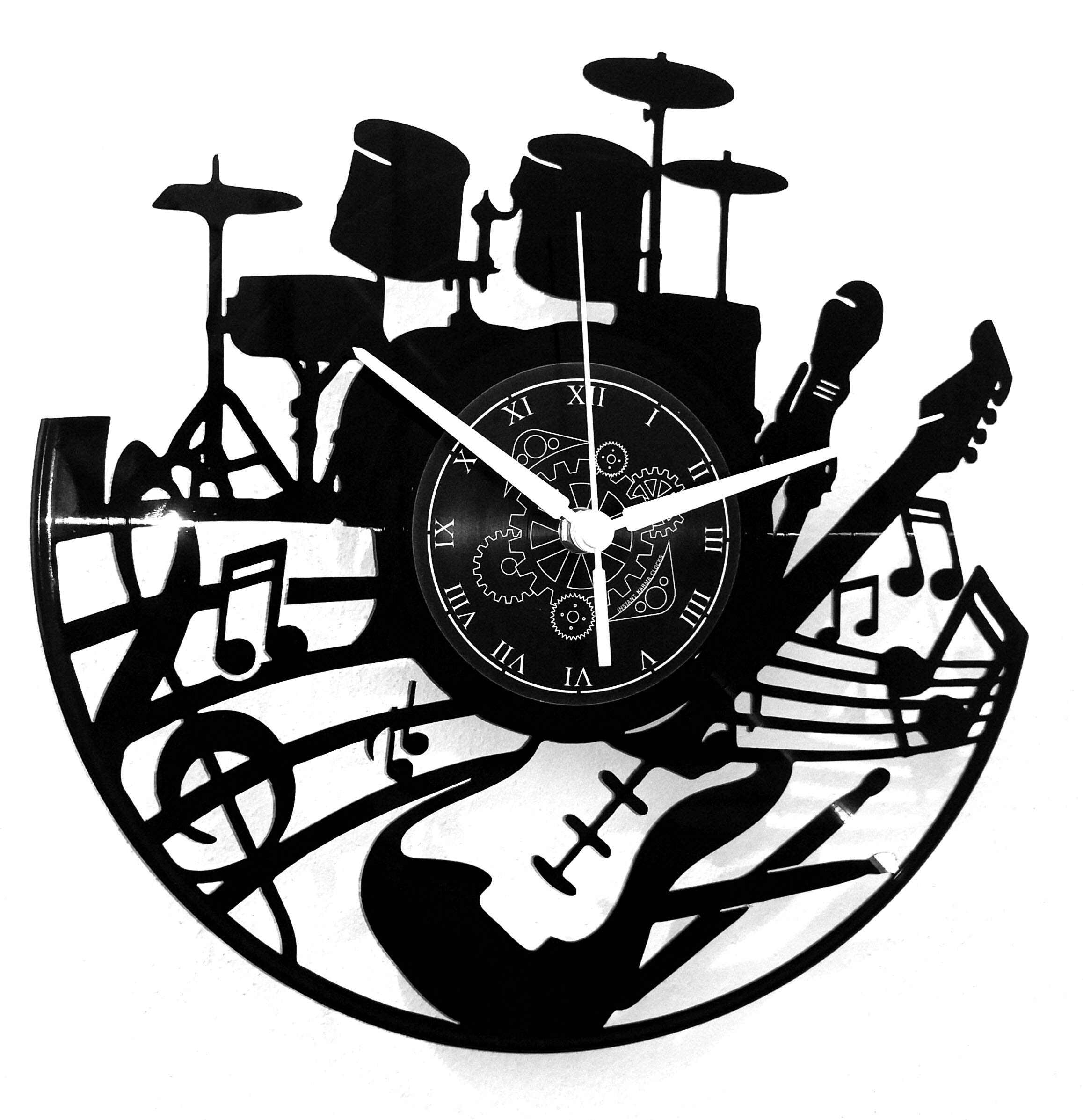 Horloge murale musique Instant Karma, batterie, guitare et micro — idée cadeau