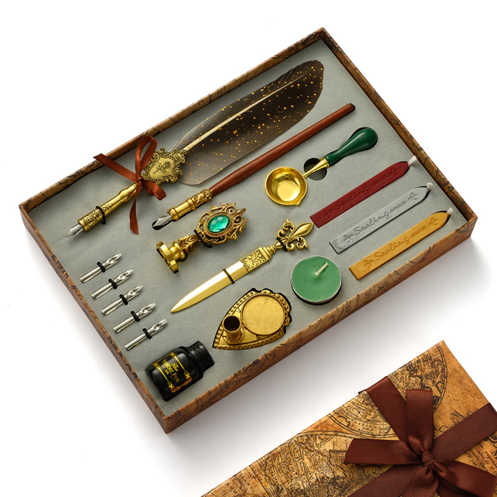 Coffret calligraphie JasCherry avec plumes et sceau de cire — idée cadeau