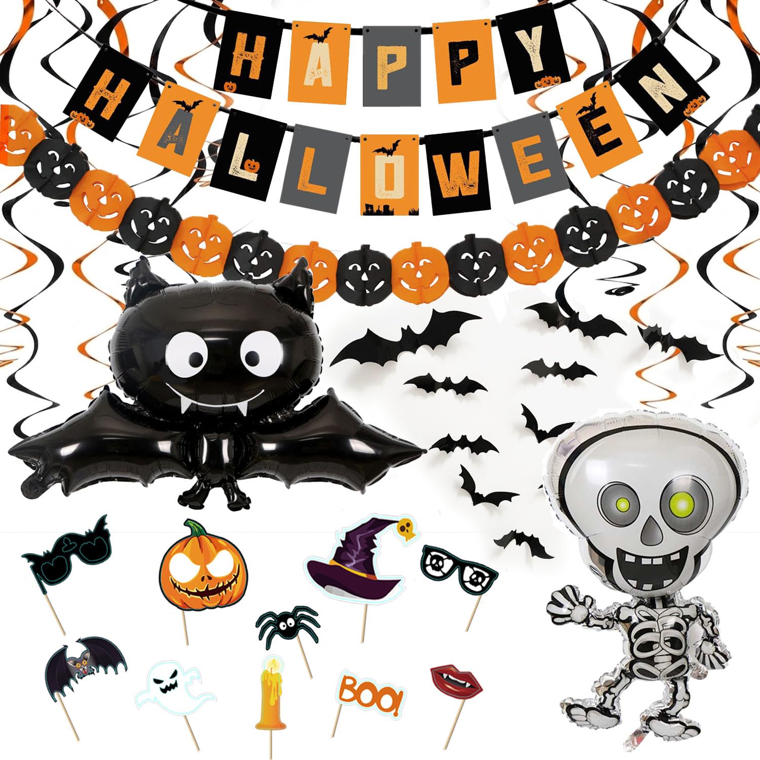 Kit déco Halloween Jonami : guirlande, ballons géants et chauves-souris 3D — idée cadeau