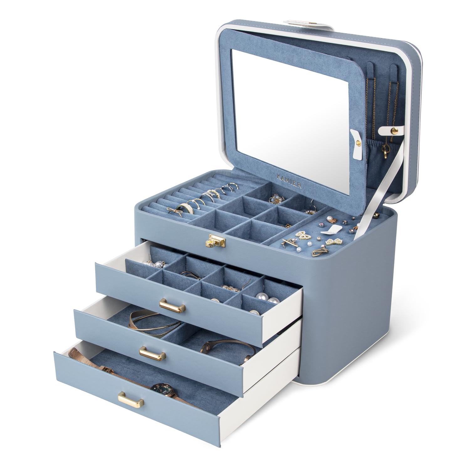 KAMIER, grande boîte à bijoux en cuir PU à 4 niveaux avec miroir et serrure — idée cadeau original