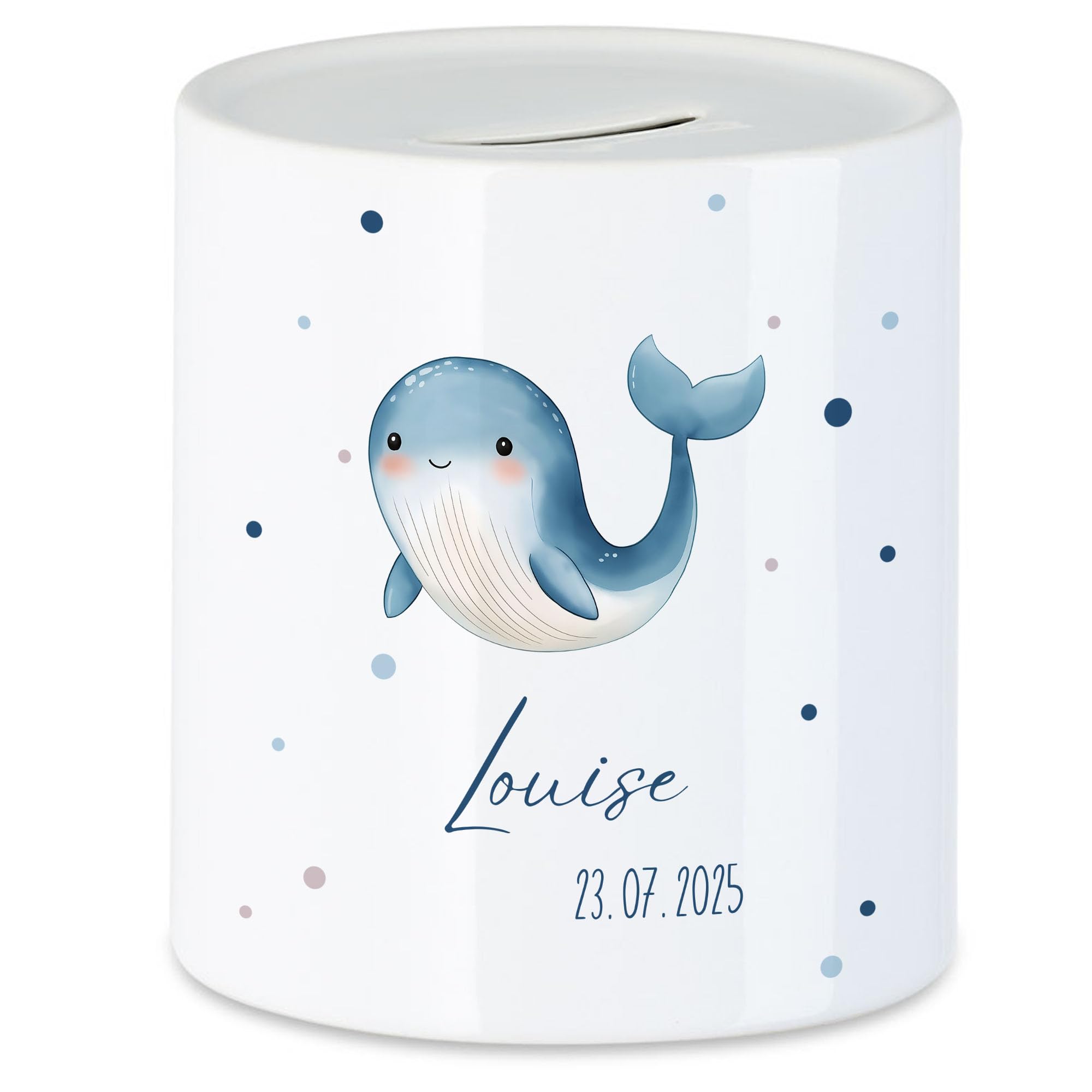 Kiddle-Design, tirelire en céramique personnalisée au prénom, motif baleine — idée cadeau