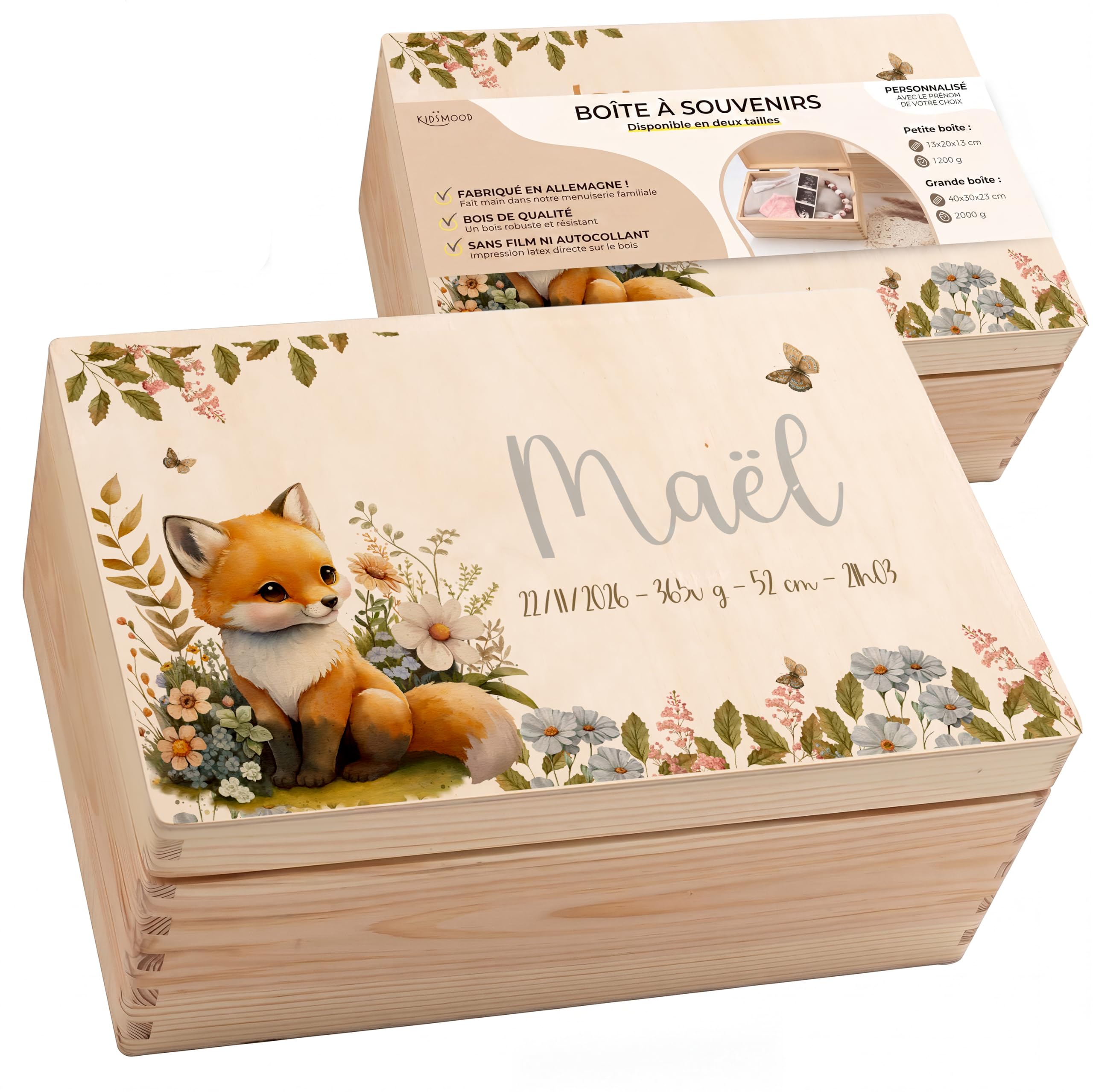 Kidsmood, boîte à souvenirs de bébé personnalisée en bois — idée cadeau