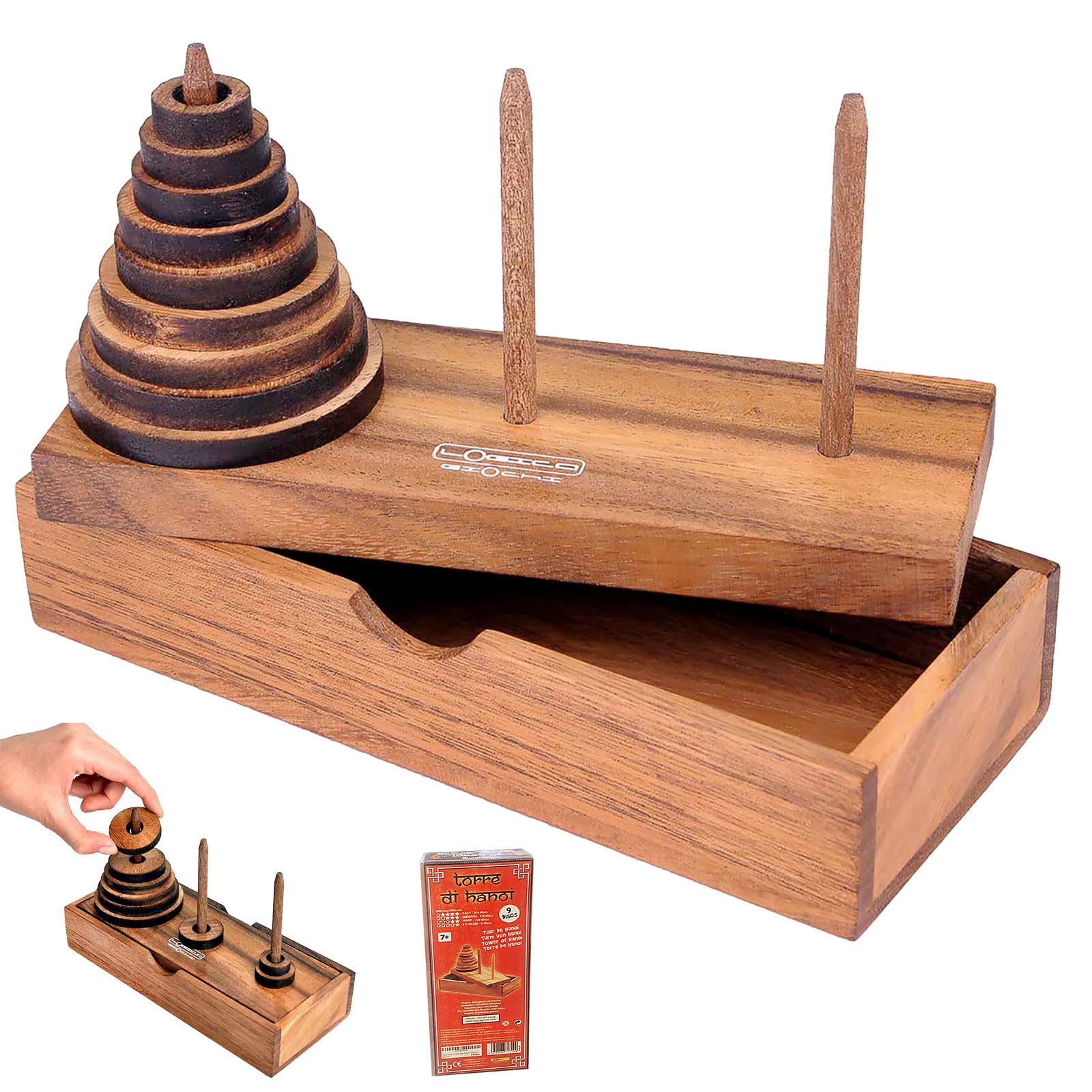 Logica Giochi Tour de Hanoï, 9 disques en bois de teck — idée cadeau
