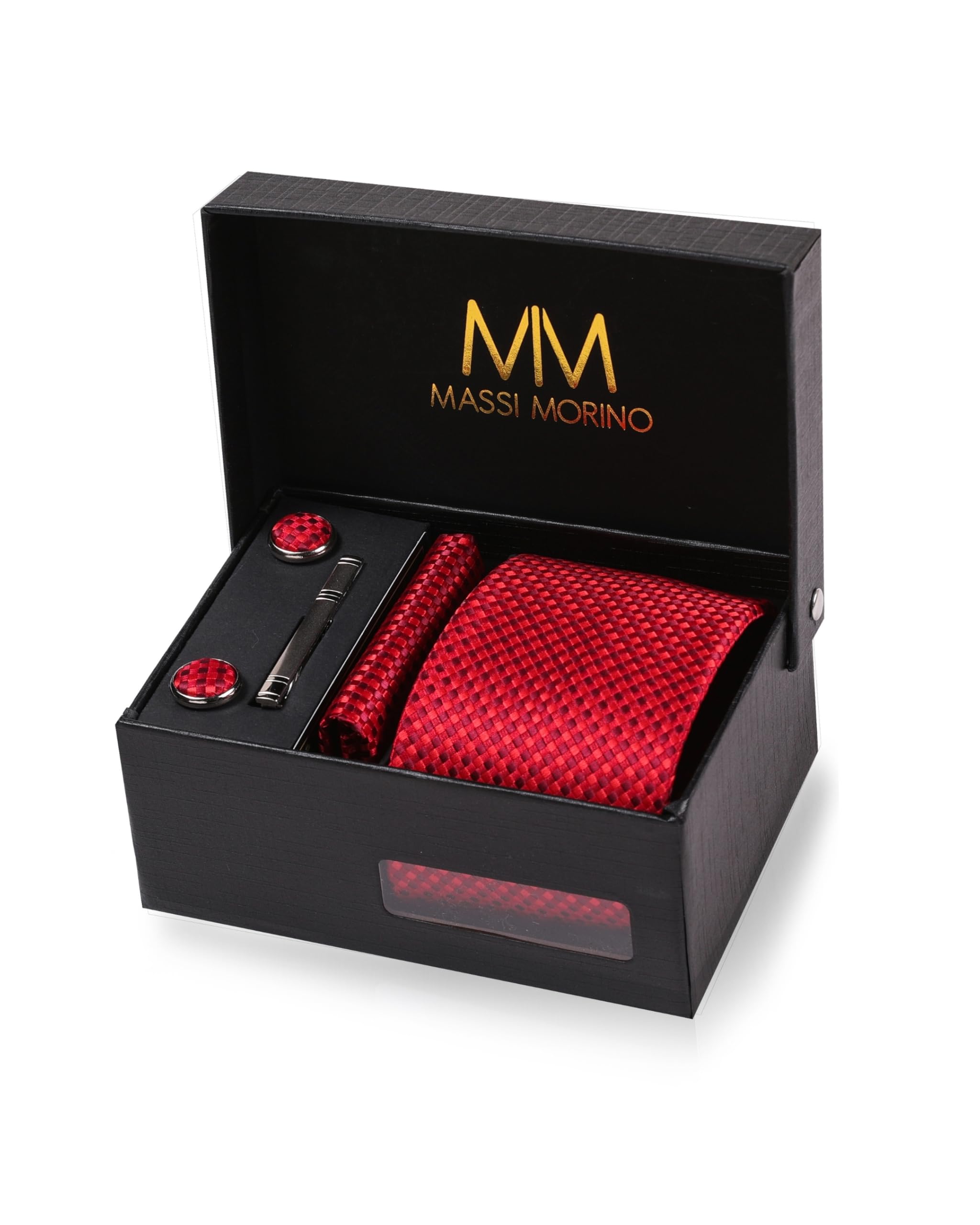 Le set cravate rose à carreaux Massi Morino, mouchoirs, boutons de manchette et pin's — cadeau drôle et insolite