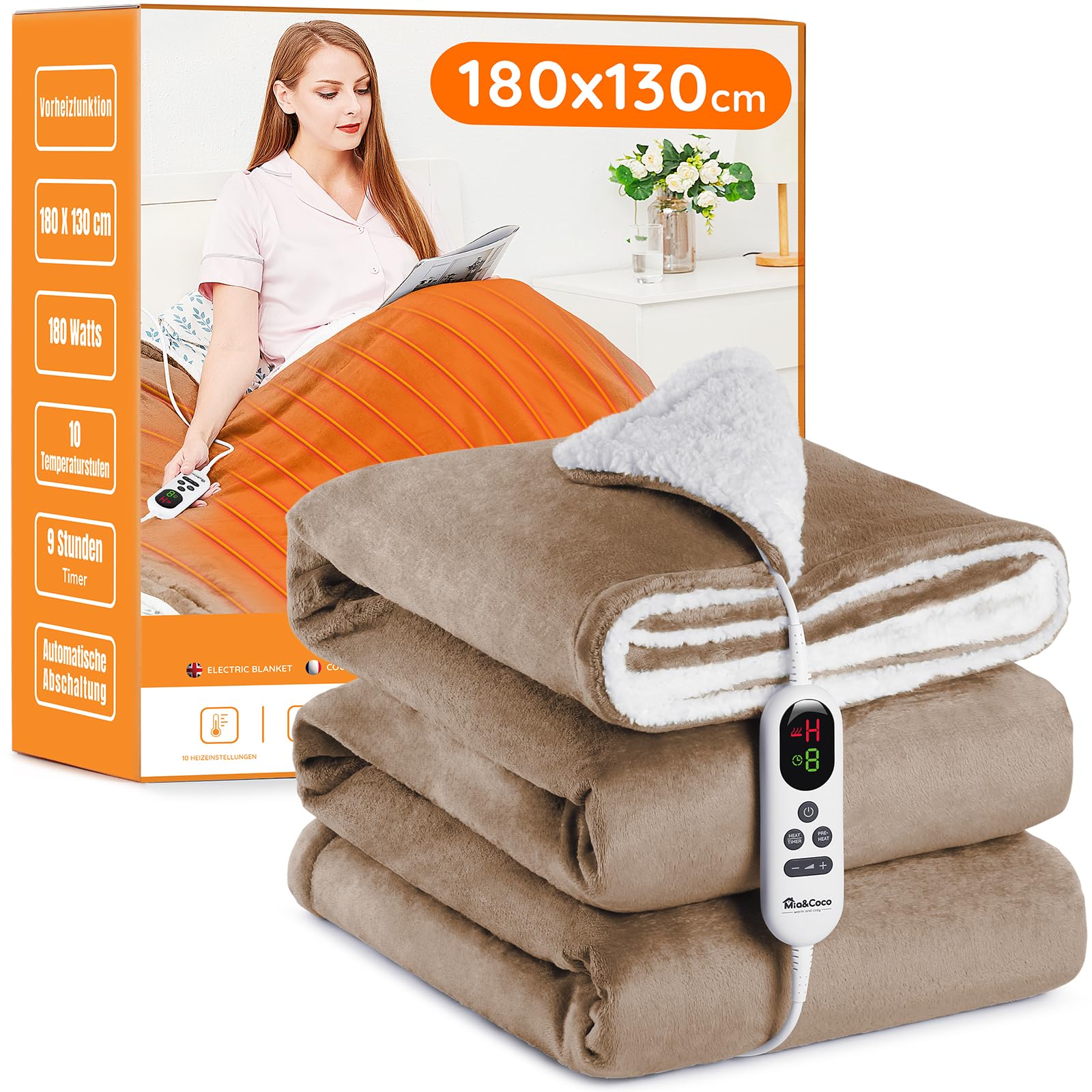 Mia&Coco couverture chauffante 130 x 180 cm, flanelle et sherpa — idée cadeau