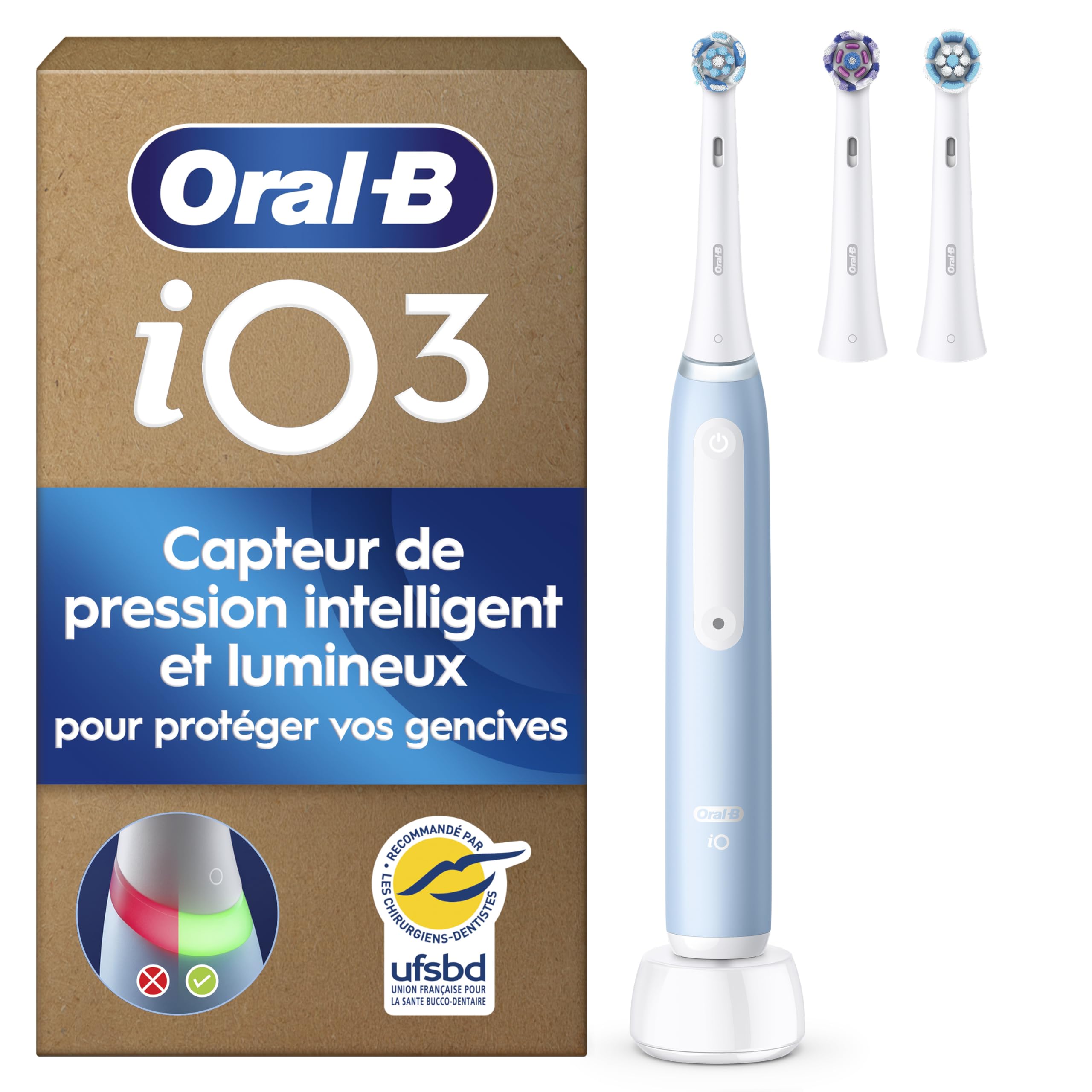 Oral-B iO 3, brosse à dents électrique avec 3 brossettes (bleue) — cadeau drôle et insolite