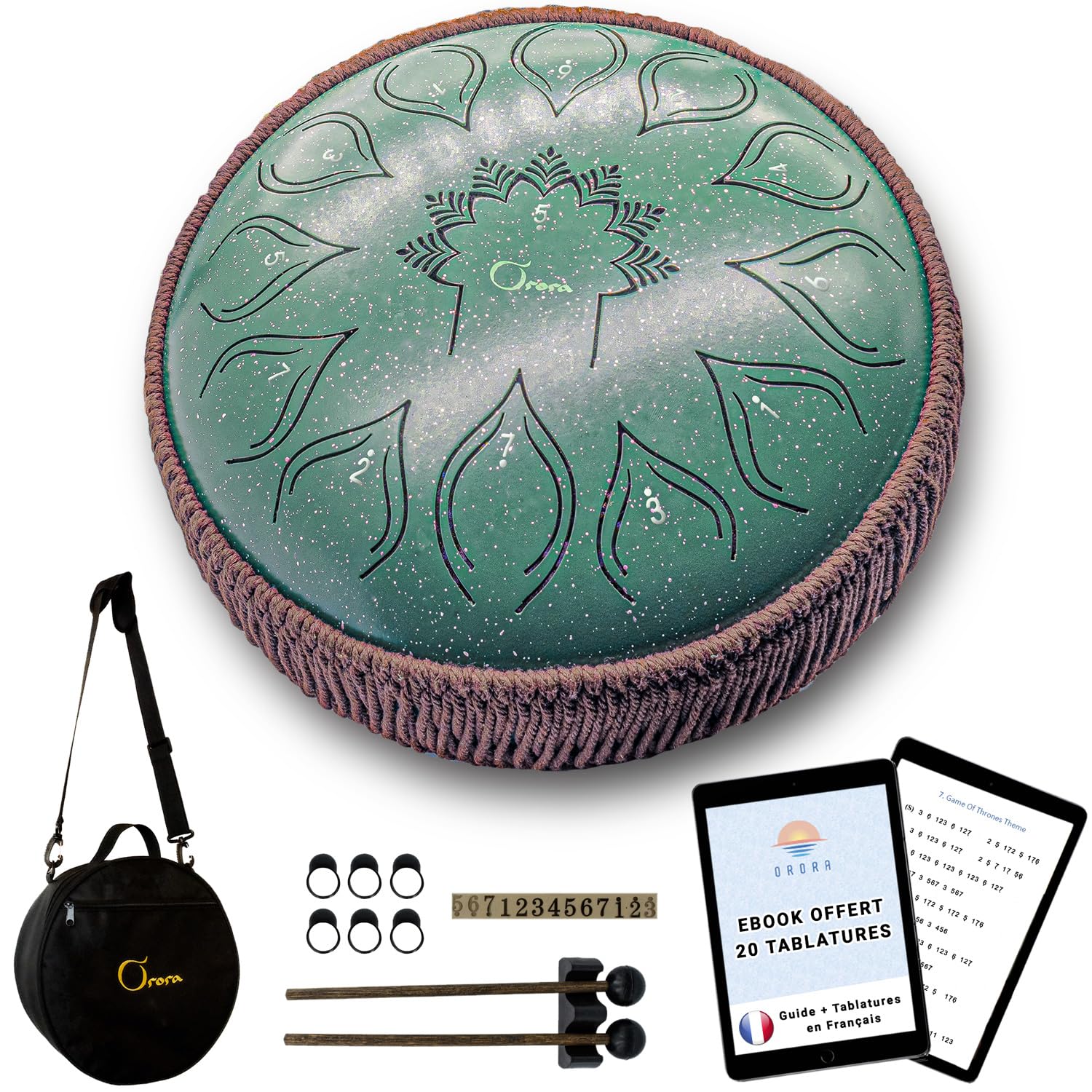 Orora, tongue drum 12 pouces à 13 notes avec 20 partitions