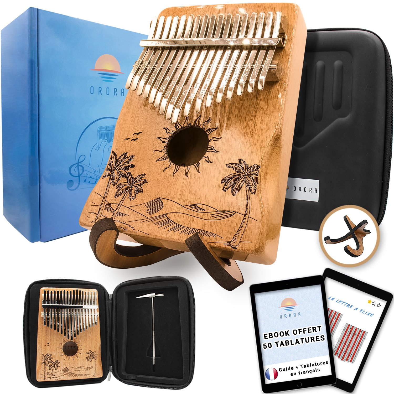 Orora Kalimba 17 lames en okoumé verni, avec étui — idée cadeau