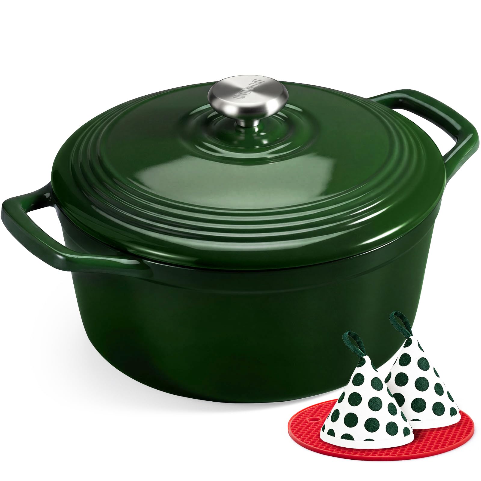 Overmont cocotte ronde en fonte émaillée 26 cm, 5,2 L, vert brillant — idée cadeau original