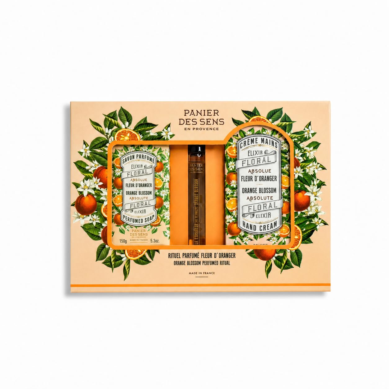 Panier des Sens, coffret femme Fleur d'Oranger (savon, crème mains, roll-on) — cadeau drôle et insolite