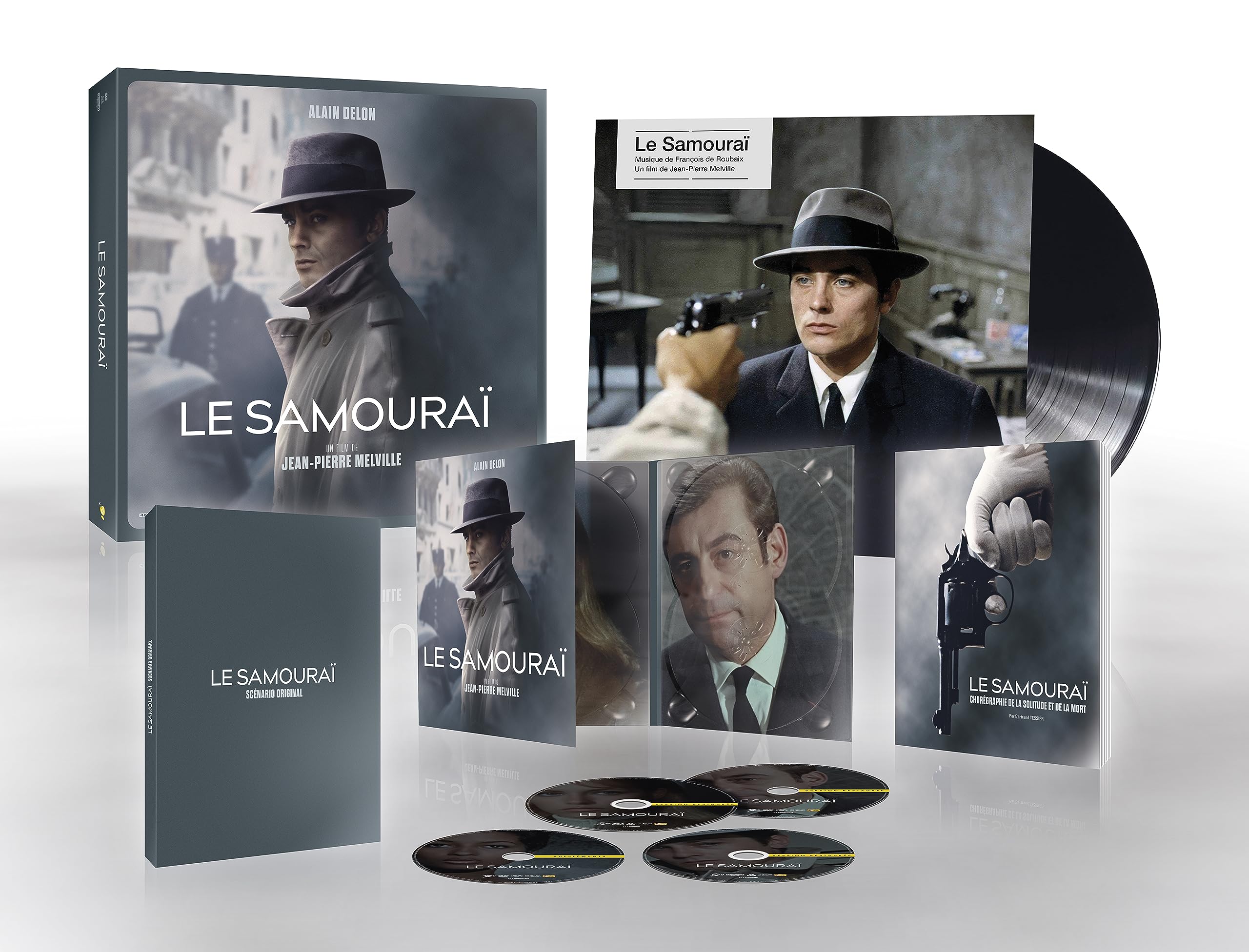 Le Samouraï de Melville, coffret collector limité 4K, Blu-ray, DVD, vinyle et livre (Pathé) — idée cadeau