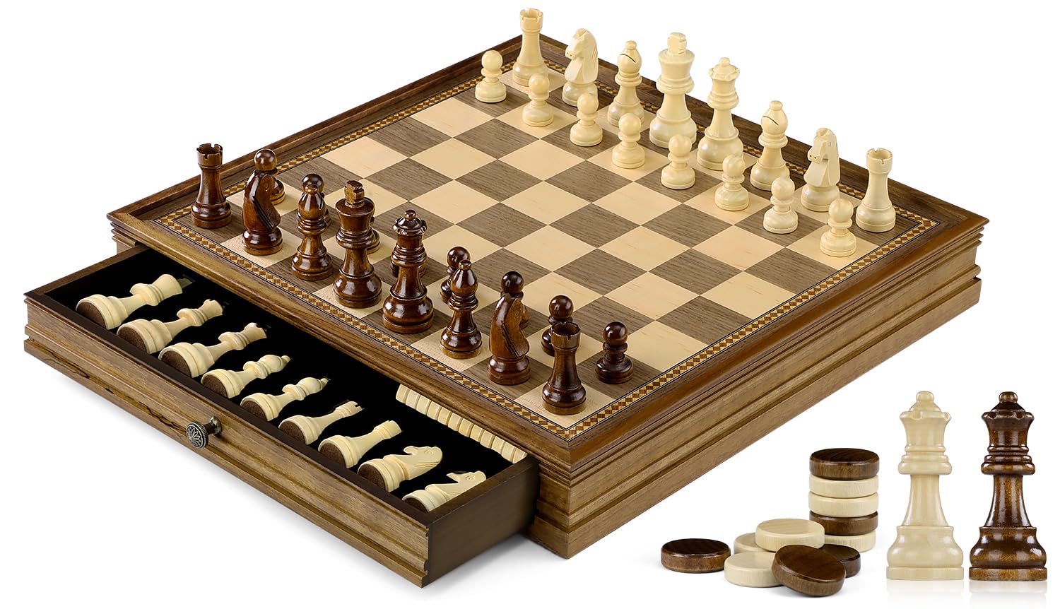 Peradix, jeu d'échecs en bois 2 en 1 avec dames et tiroir — idée cadeau
