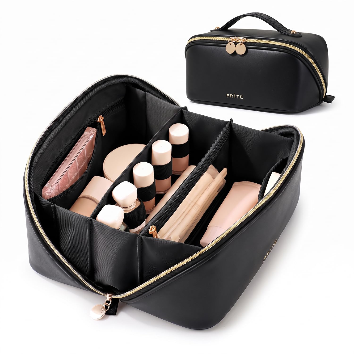 Prite, trousse de maquillage de voyage en cuir PU noir à 3 compartiments — idée cadeau