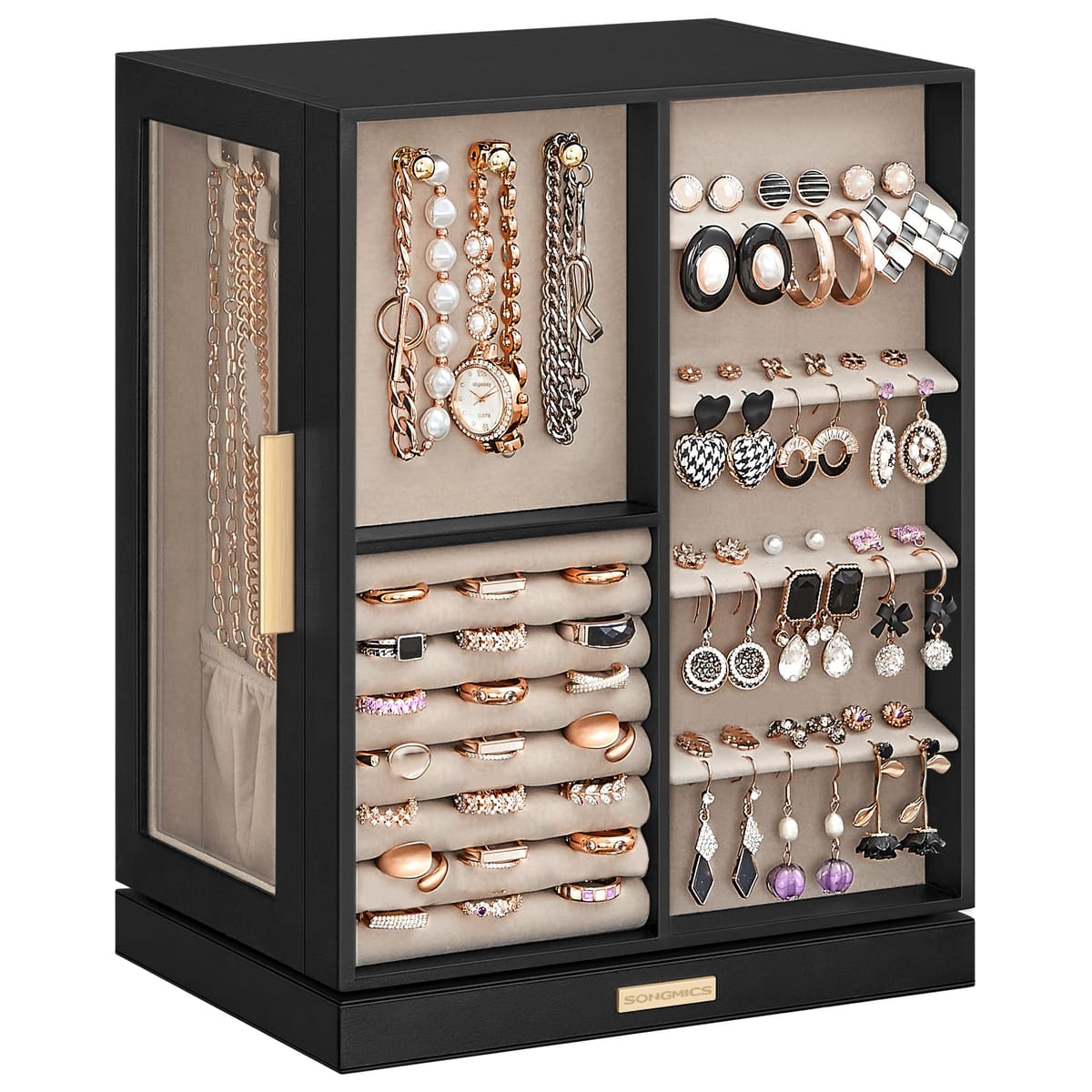 SONGMICS boîte à bijoux pivotante à 360°, 5 tiroirs, noir et marron camel — idée cadeau