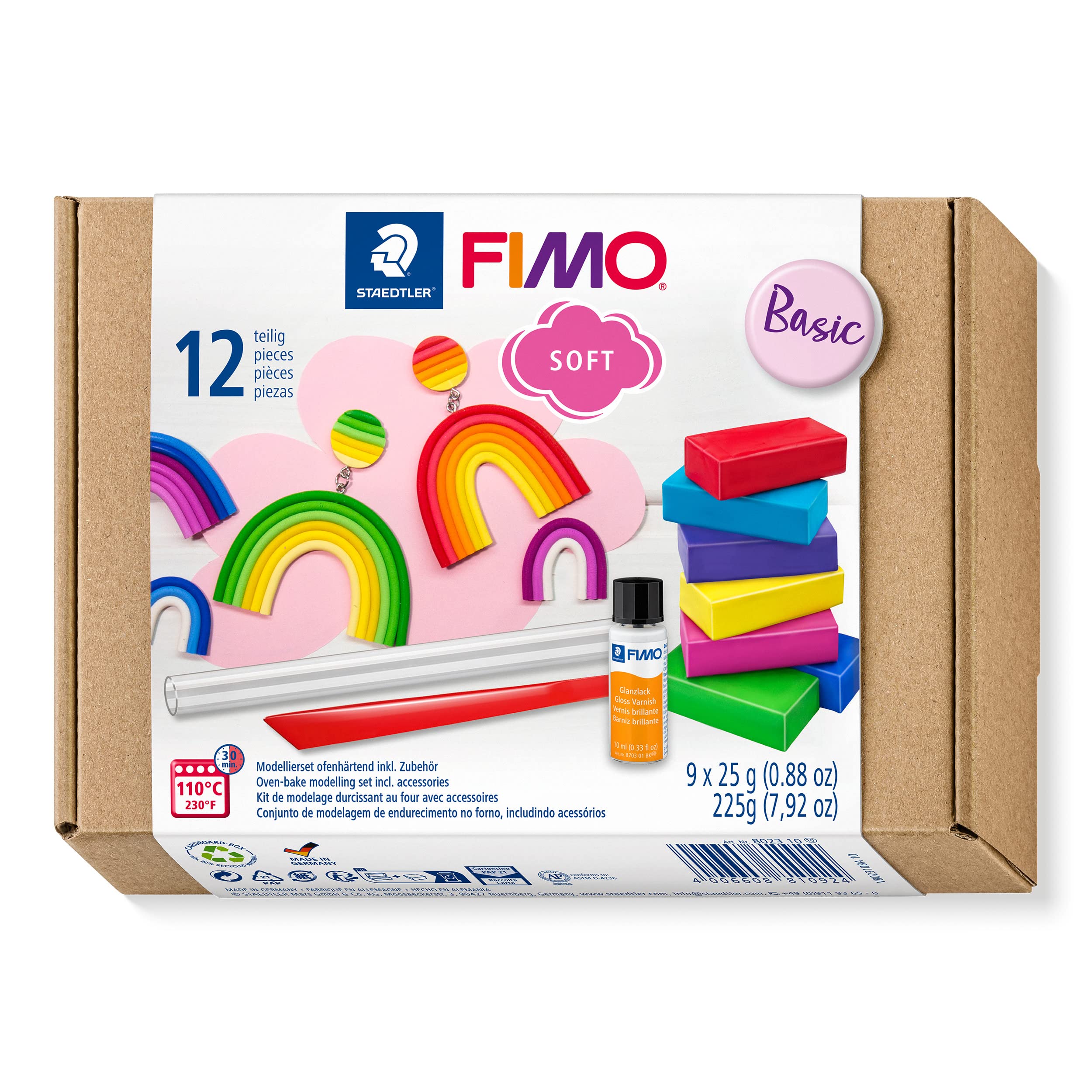 STAEDTLER FIMO soft, coffret débutant de 9 pains, vernis et 2 outils — idée cadeau