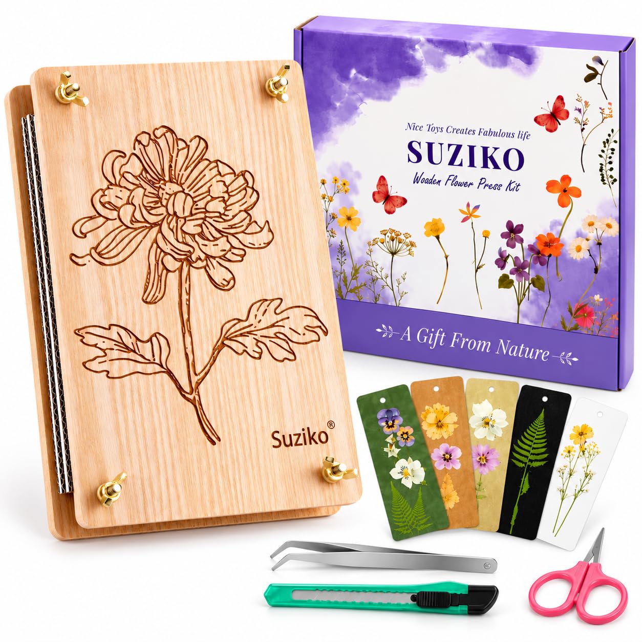 Suziko, presse à fleurs en bois de 27,5 x 17,8 cm — idée cadeau