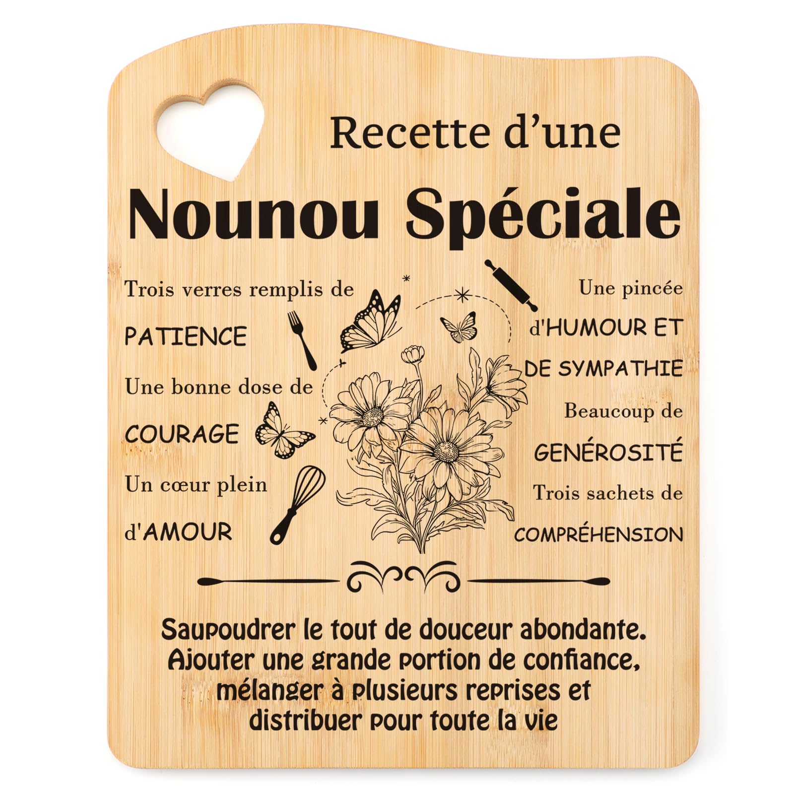 Tulolvae, planche en bambou gravée « Recette d'une nounou spéciale » — idée cadeau