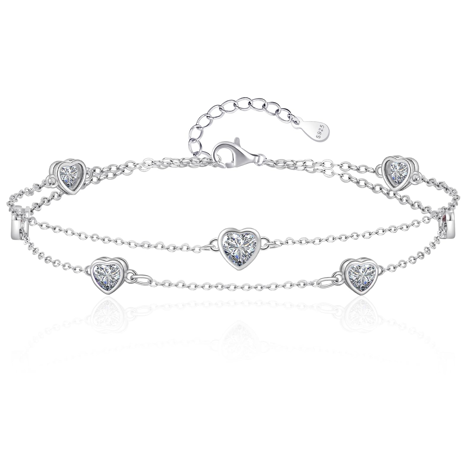 Tusuzik, bracelet en argent 925 double chaîne cœur et zircone — idée cadeau