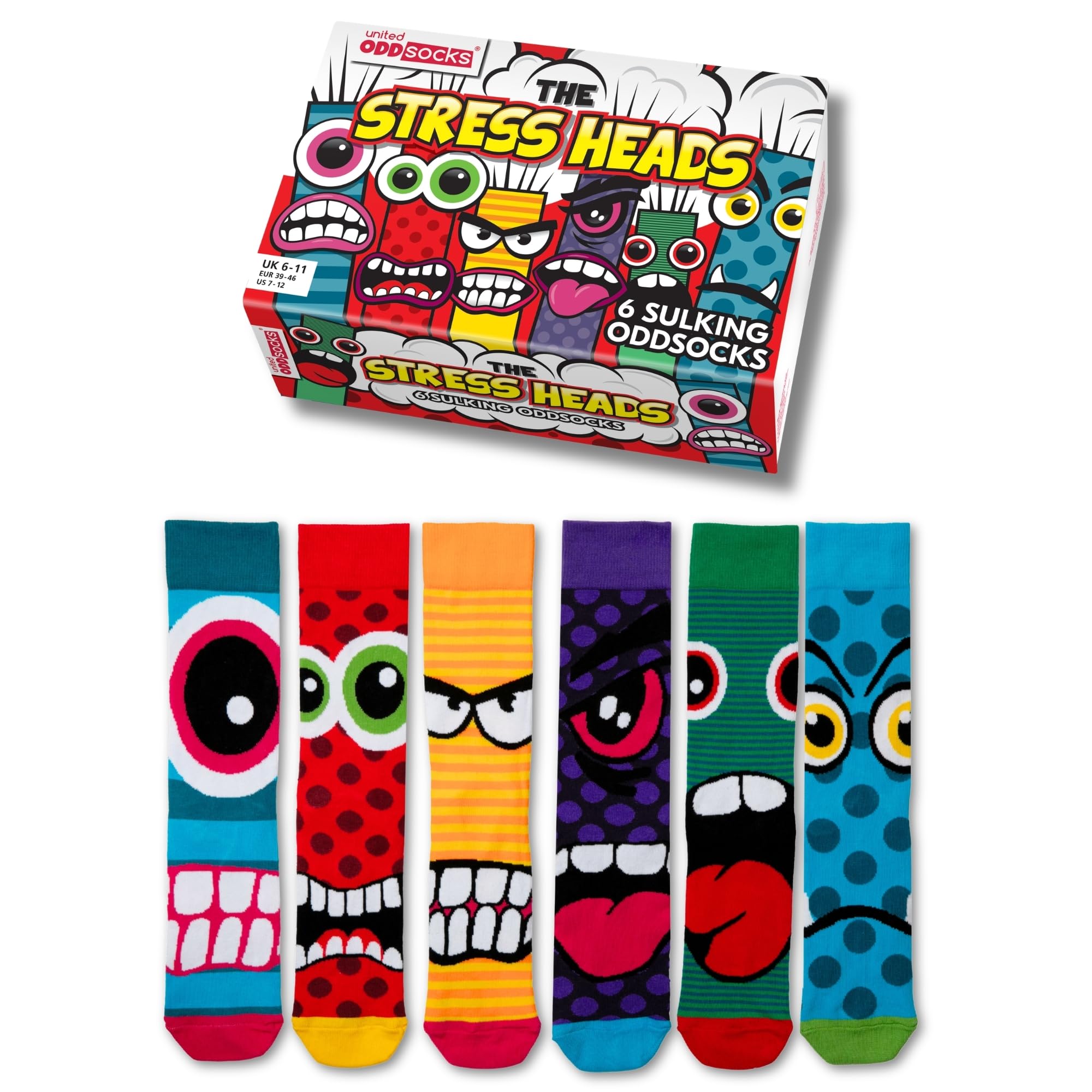 Le coffret United Oddsocks de 6 chaussettes dépareillées Stress Heads — cadeau drôle et insolite