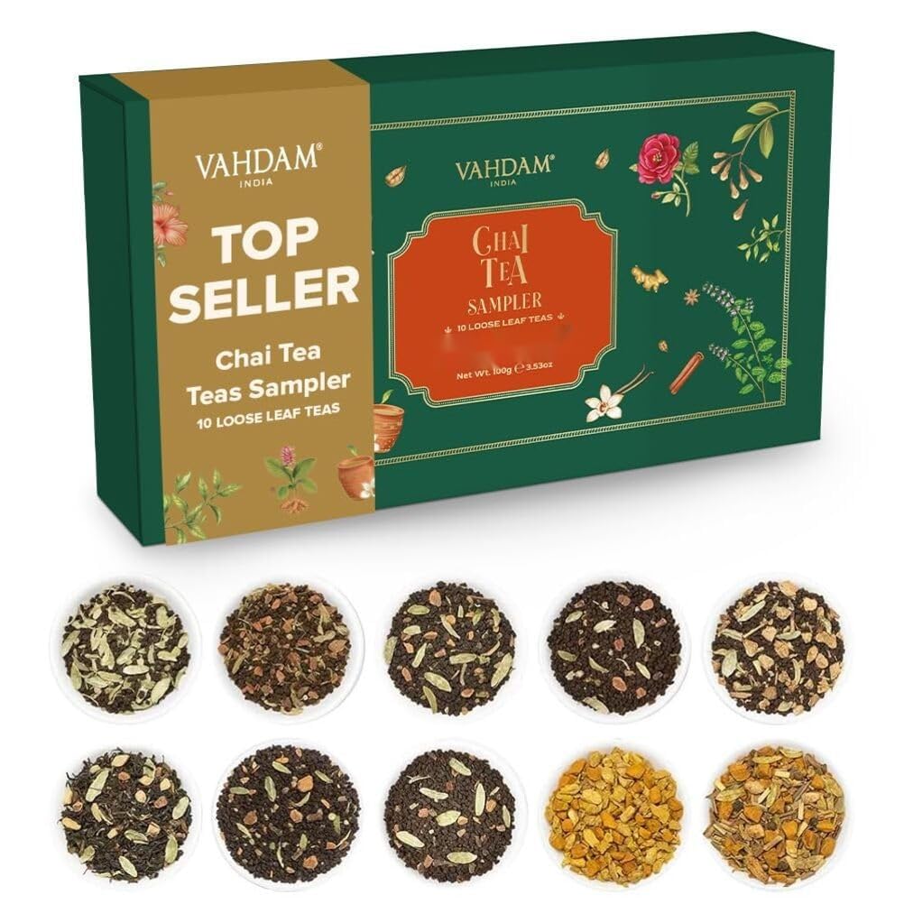 VAHDAM coffret thé chai, 10 saveurs de masala chai en feuilles — idée cadeau original