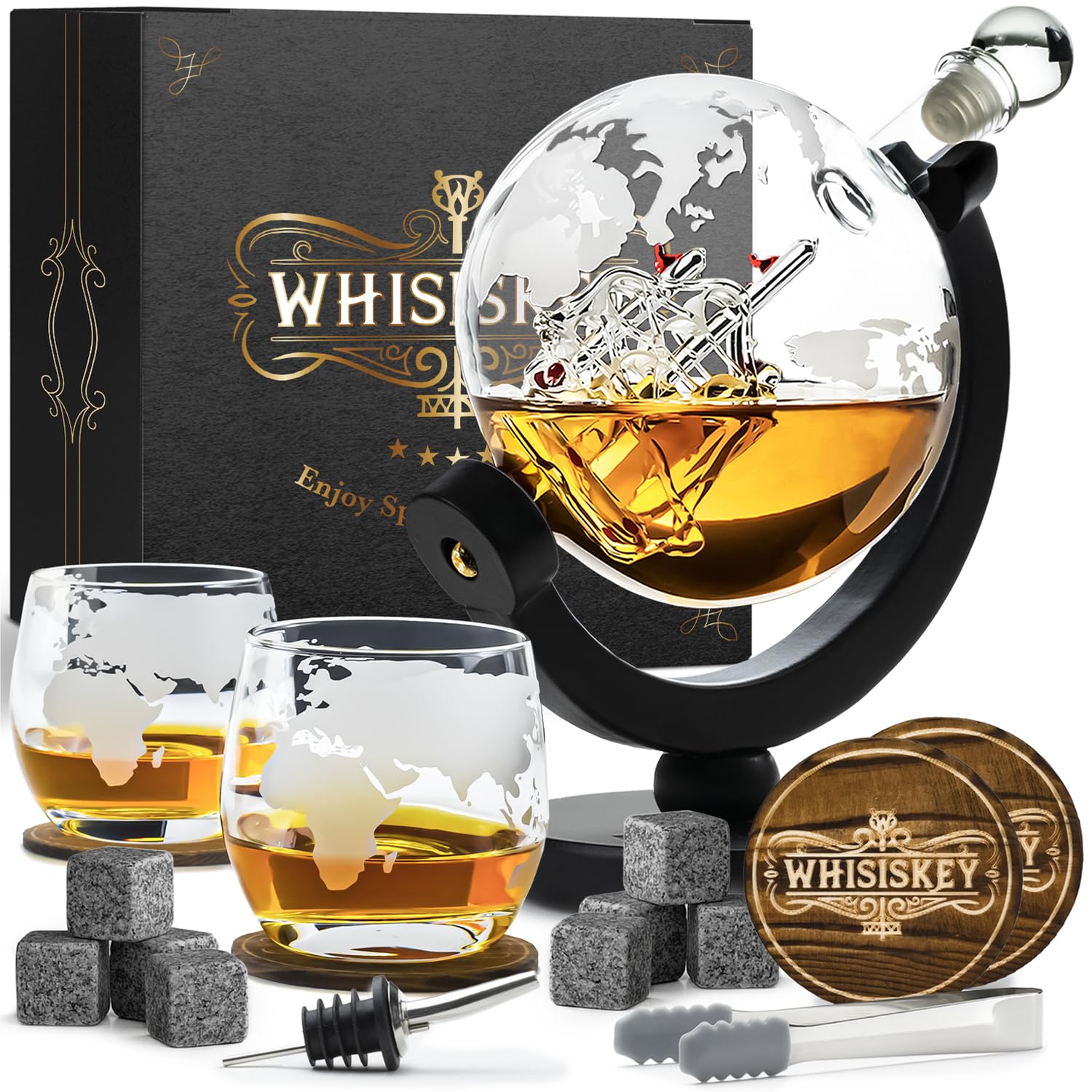 WHISISKEY carafe à whisky globe 900 ml, coffret avec 2 verres — cadeau drôle et insolite