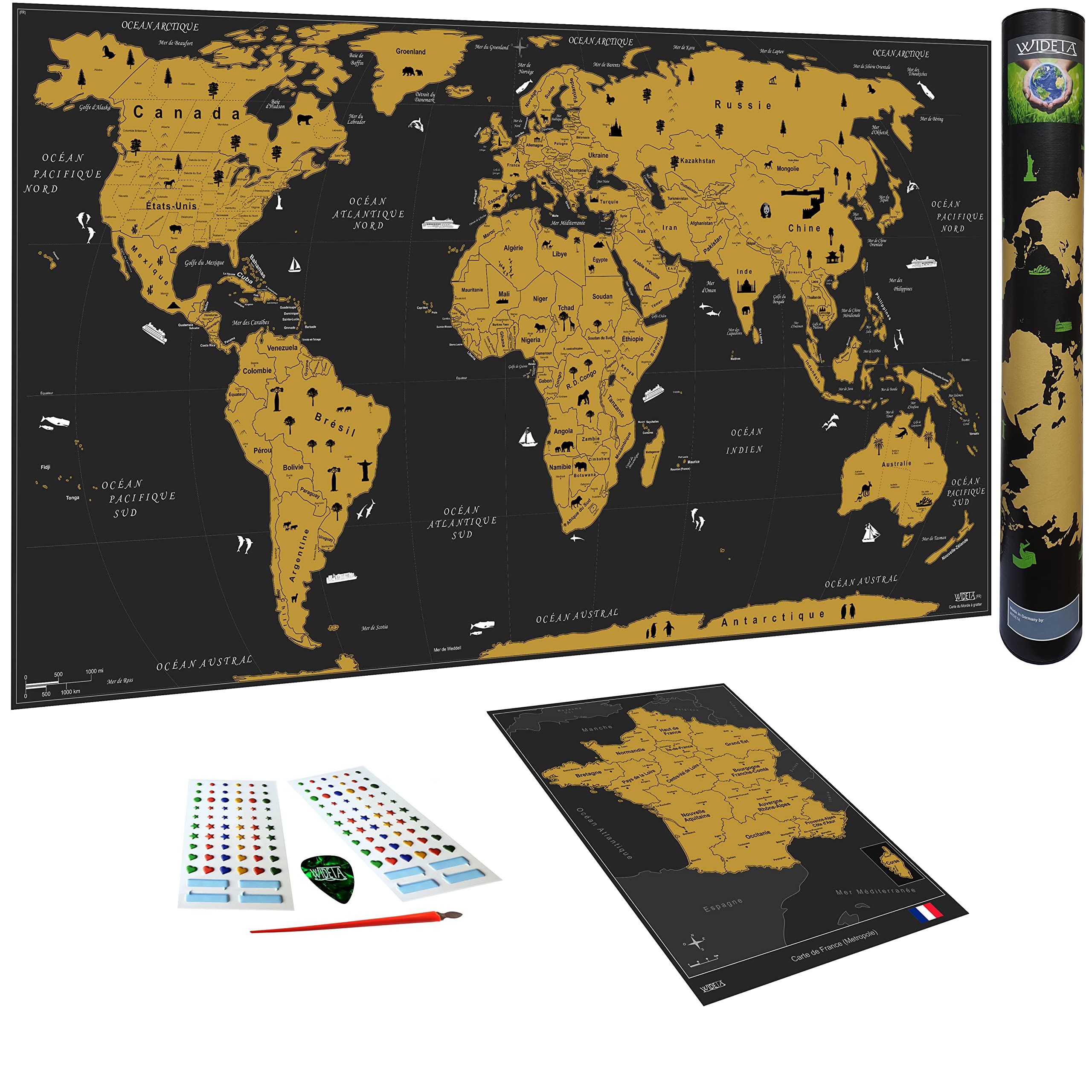 WIDETA, carte du monde à gratter en français, 82 x 43 cm — idée cadeau