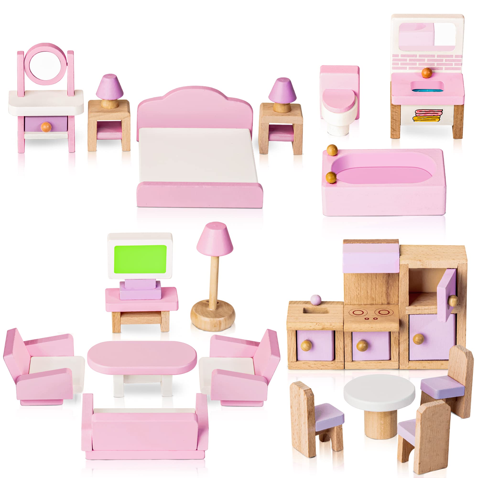 Les meubles de maison de poupée en bois WOODMAM, avec 4 poupées — idée cadeau