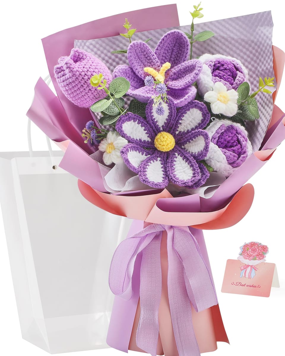Alecono Purple Crochet Flower Bouquet, 13 Hand-Crocheted Pieces — gift idea