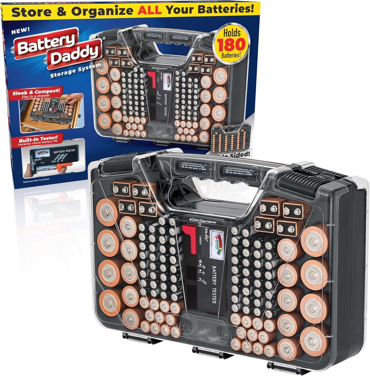 Battery Daddy Ontel Battery Organizer & Tester, Holds 180, Charcoal — original gift idea