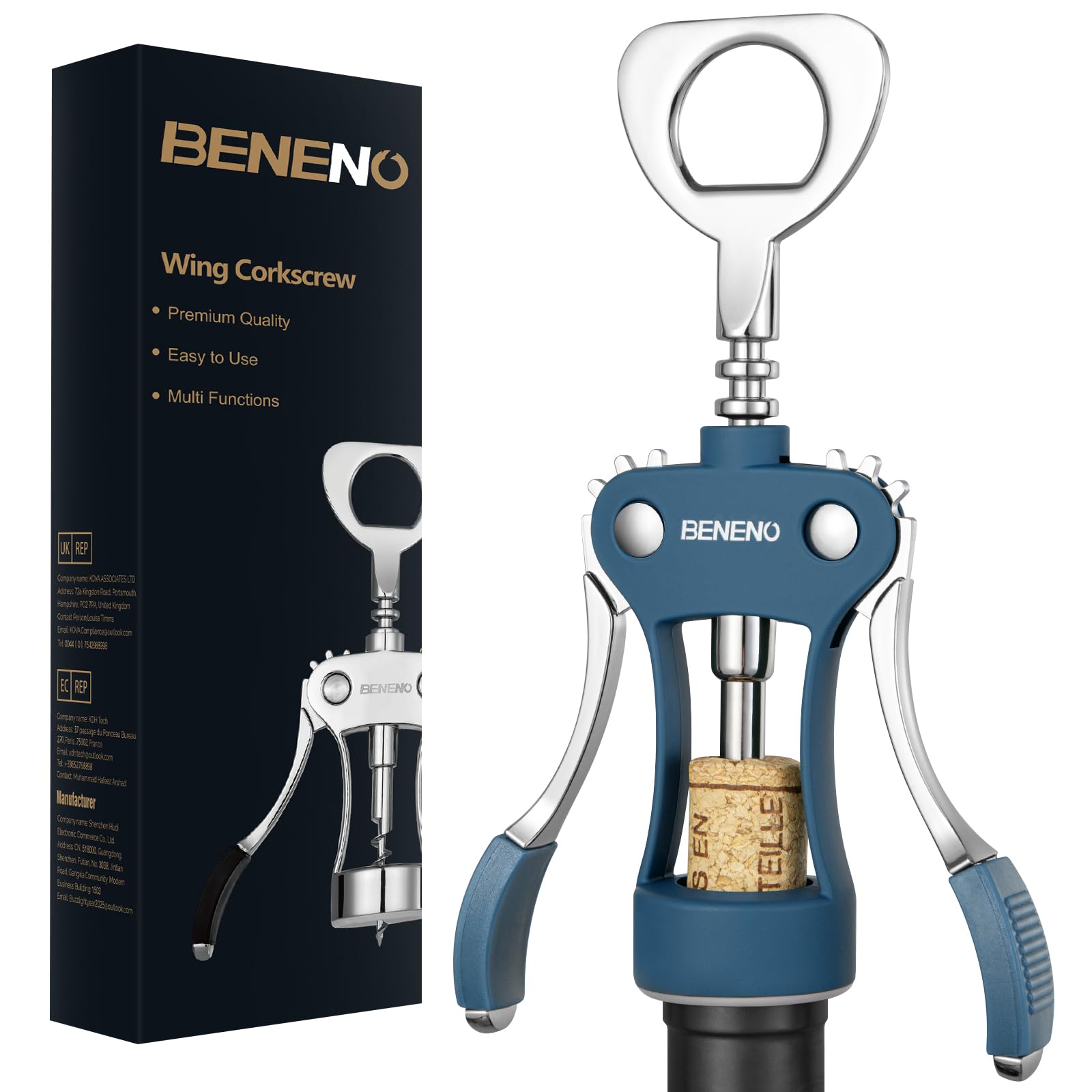 Beneno Wing Corkscrew Wine Opener, Blue — funny gift