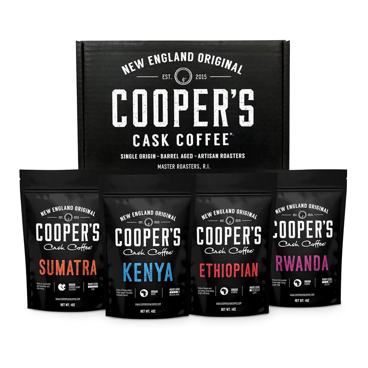 Cooper's Cask Coffee Sampler Gift Box, 4 Single-Origin Whole Beans
