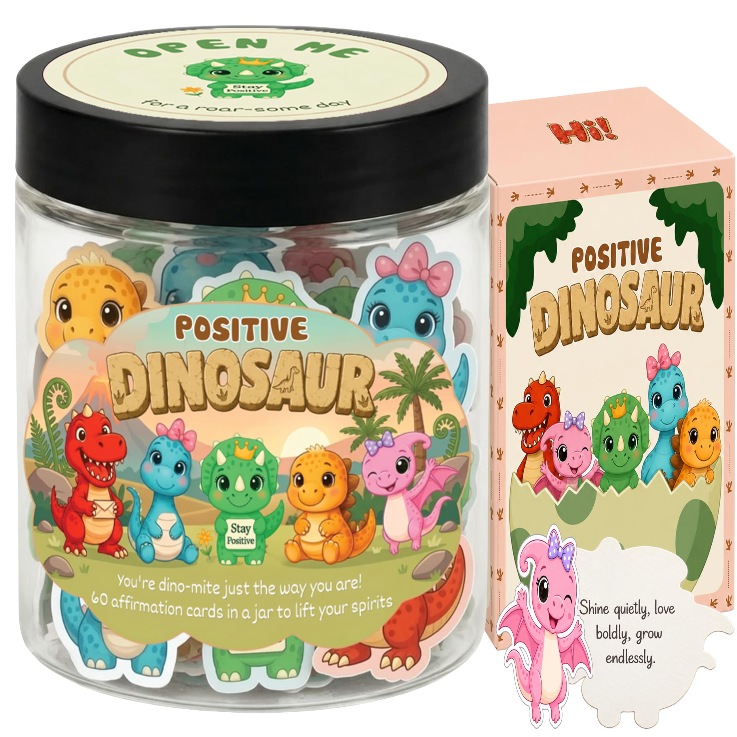 DEARMINE Positive Dinosaur Jar with 60 Affirmation Cards — gift idea