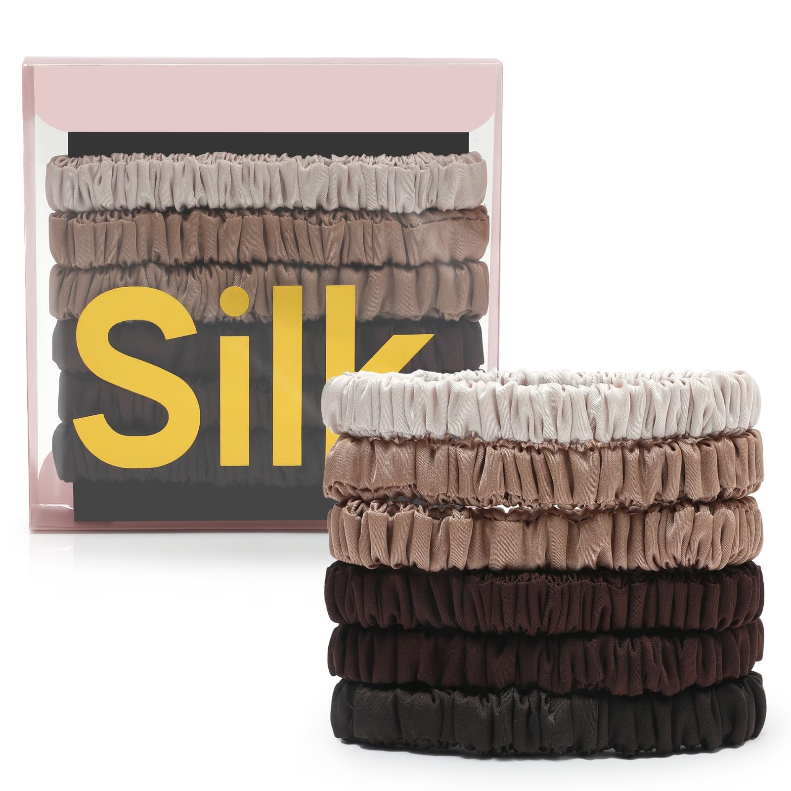DEMAZALO Mulberry Silk Scrunchies, Set of 6 in Neutral Tones — gift idea