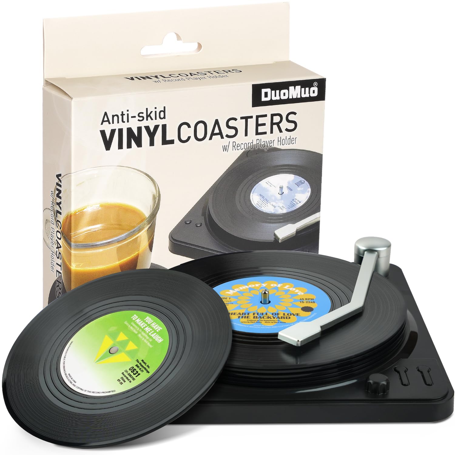 DuoMuo Vinyl Record Coasters with Turntable Holder, Set of 6 — gift idea