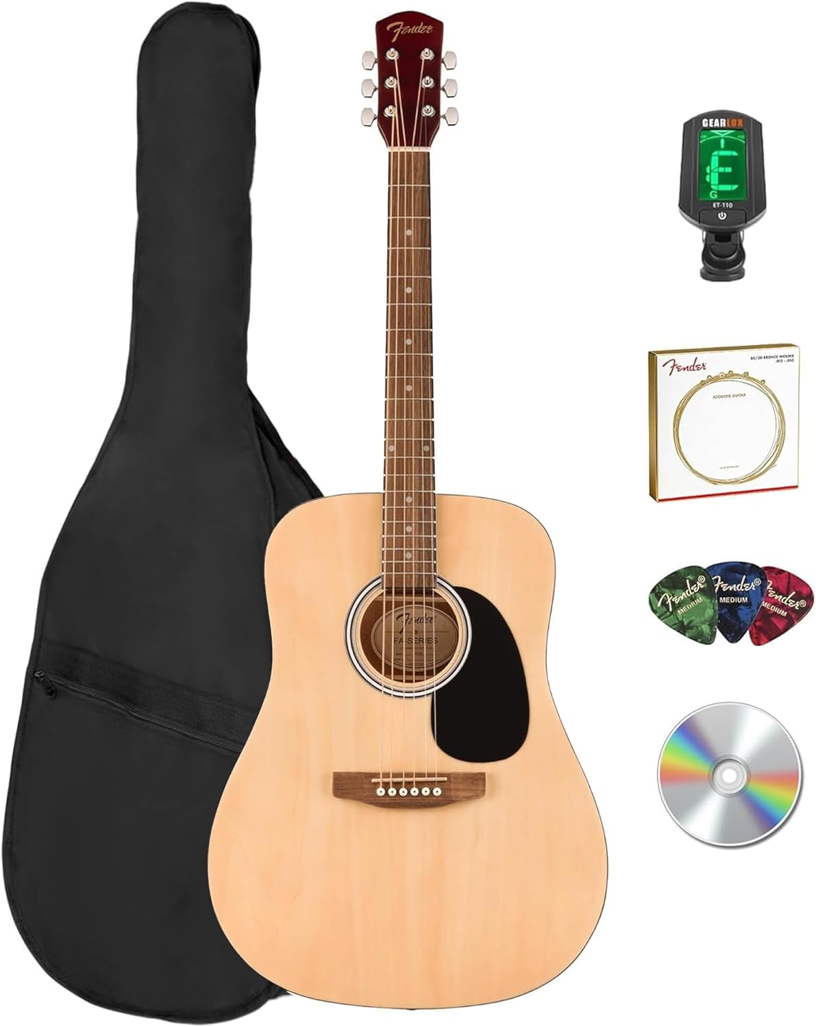 Fender Dreadnought Acoustic Guitar, Natural, Bundle with Gig Bag, Tuner and Strings — original gift idea